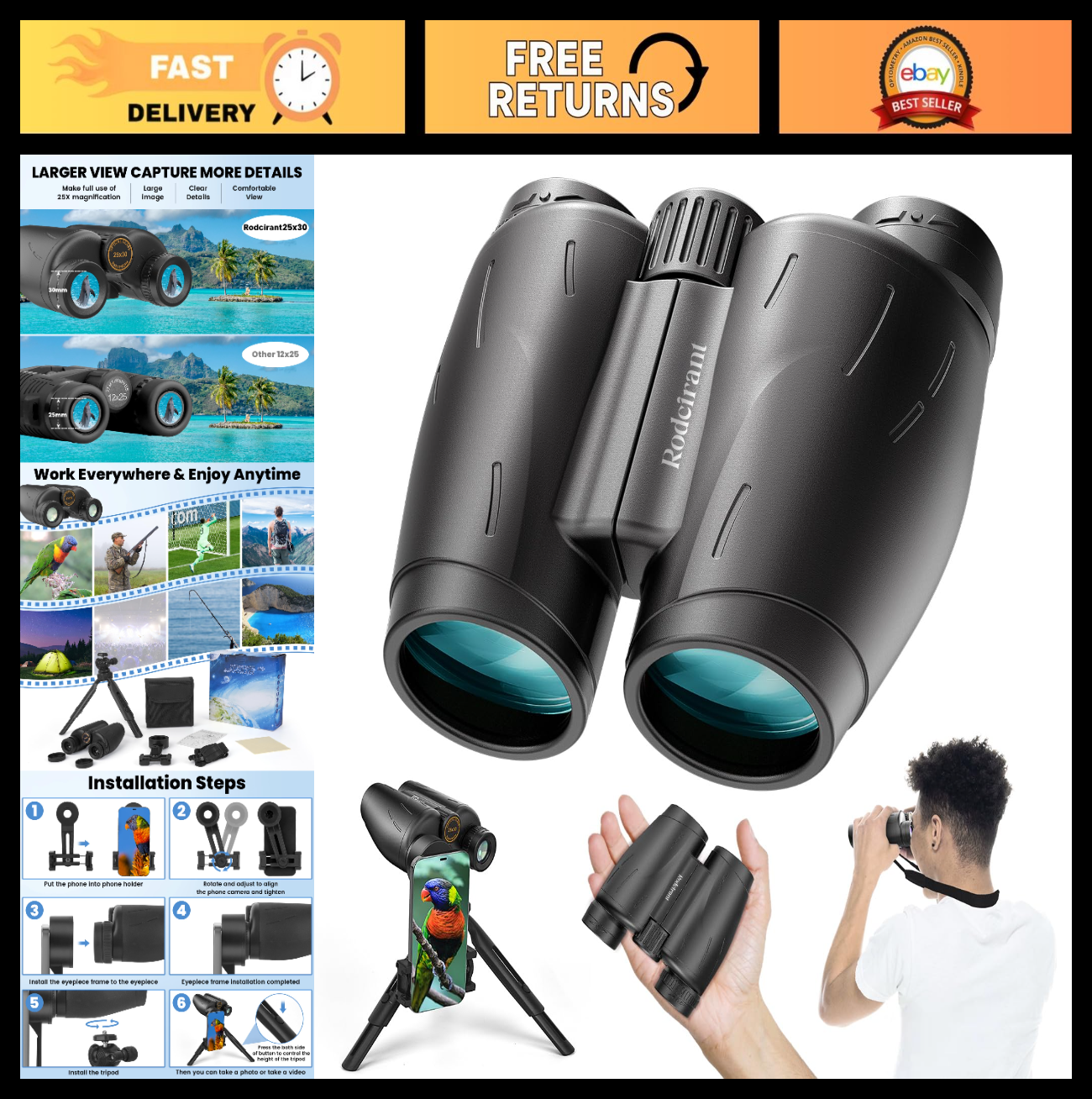 25x30 Waterproof Binoculars with Phone Adapter & Tripod for Bird Watching, Hikin0
