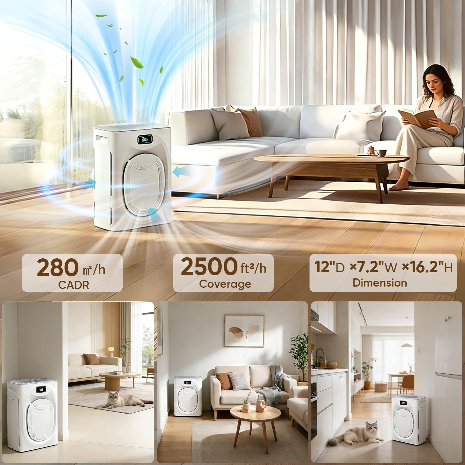Air Purifier for Large Rooms 2500 sq ft - Removes Pet Hair, Dander, Odors, H13 H3