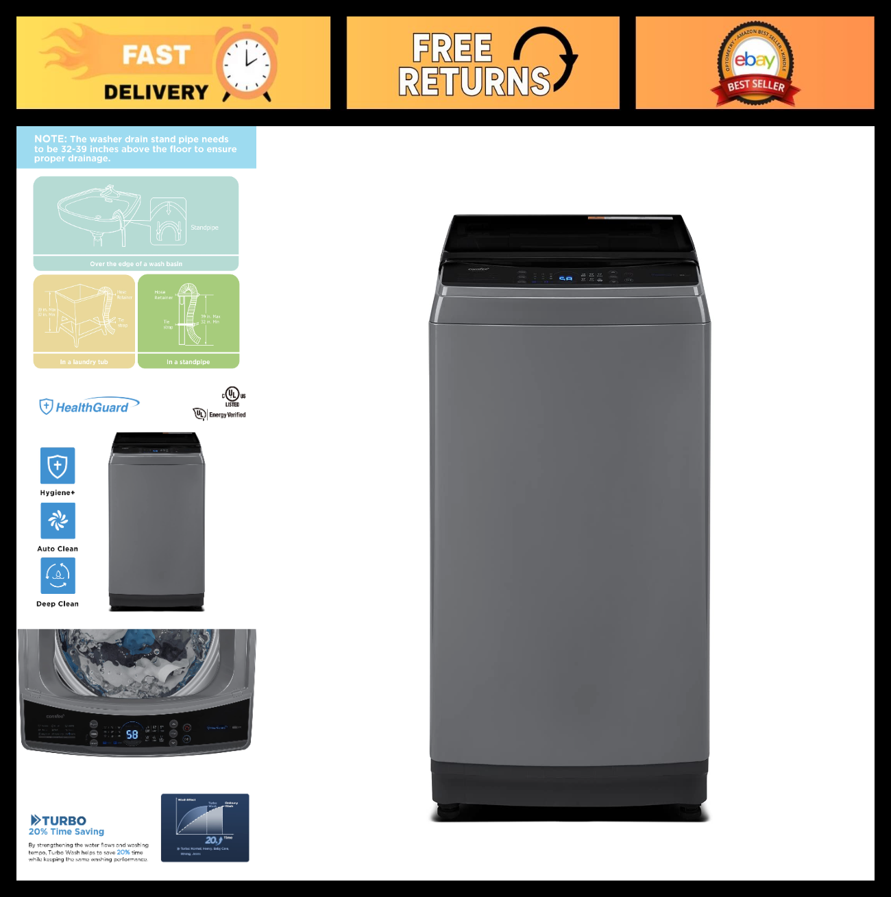 Compact Portable Washing Machine 2.4 Cu.ft LED Washer for Small Spaces Laundry0