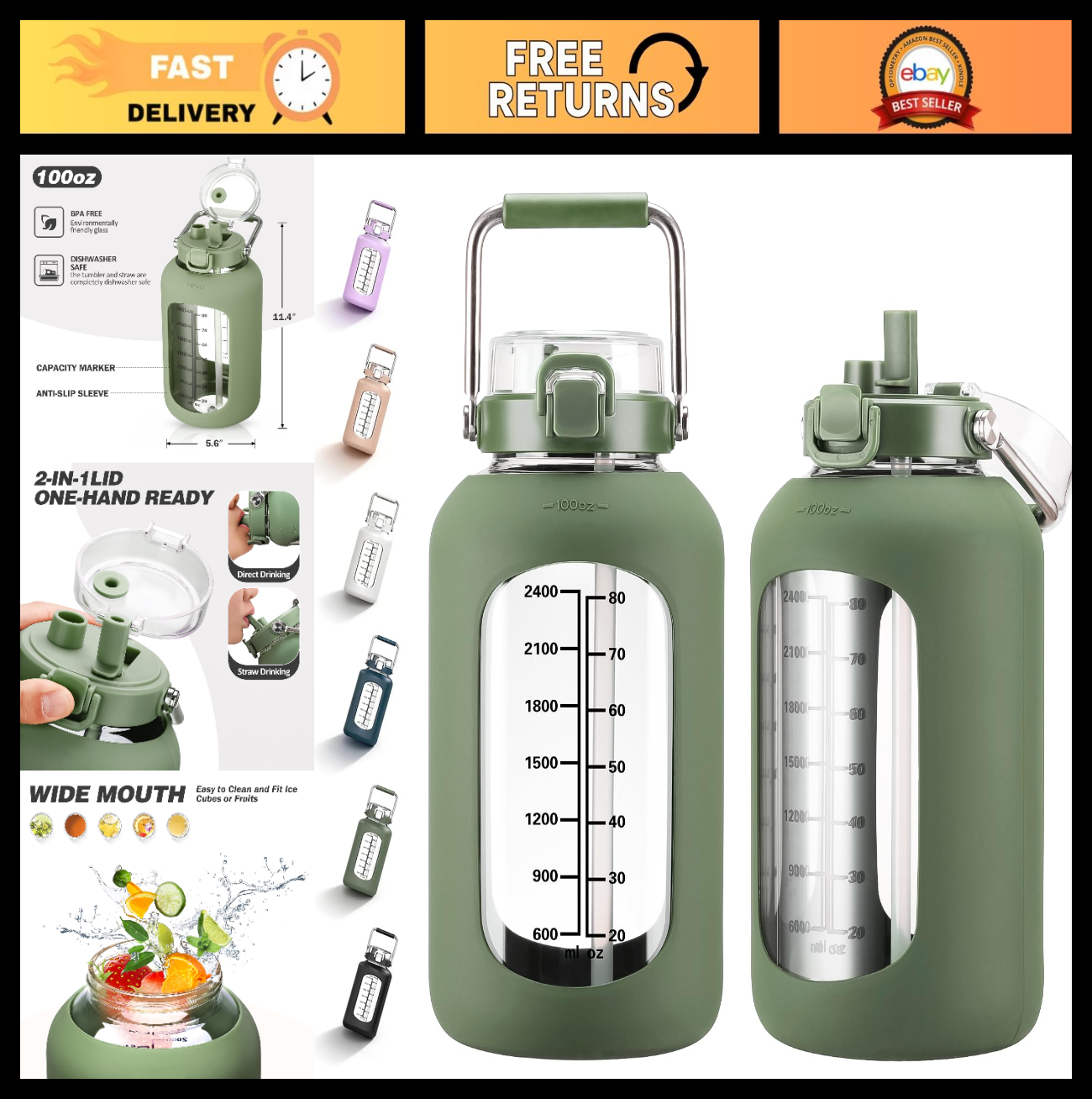 100oz BPA-Free Glass Water Bottle with Time Marker & Silicone Sleeve - Large 3L0