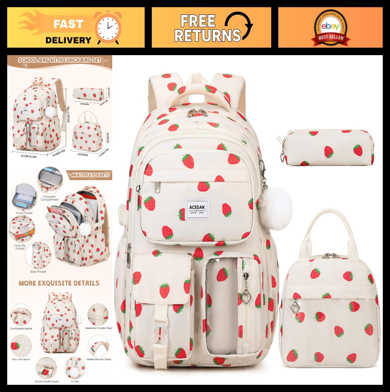 Stylish Girls Backpack with Lunch Bag & Pencil Pouch   Teen Laptop Bookbag, Beig0