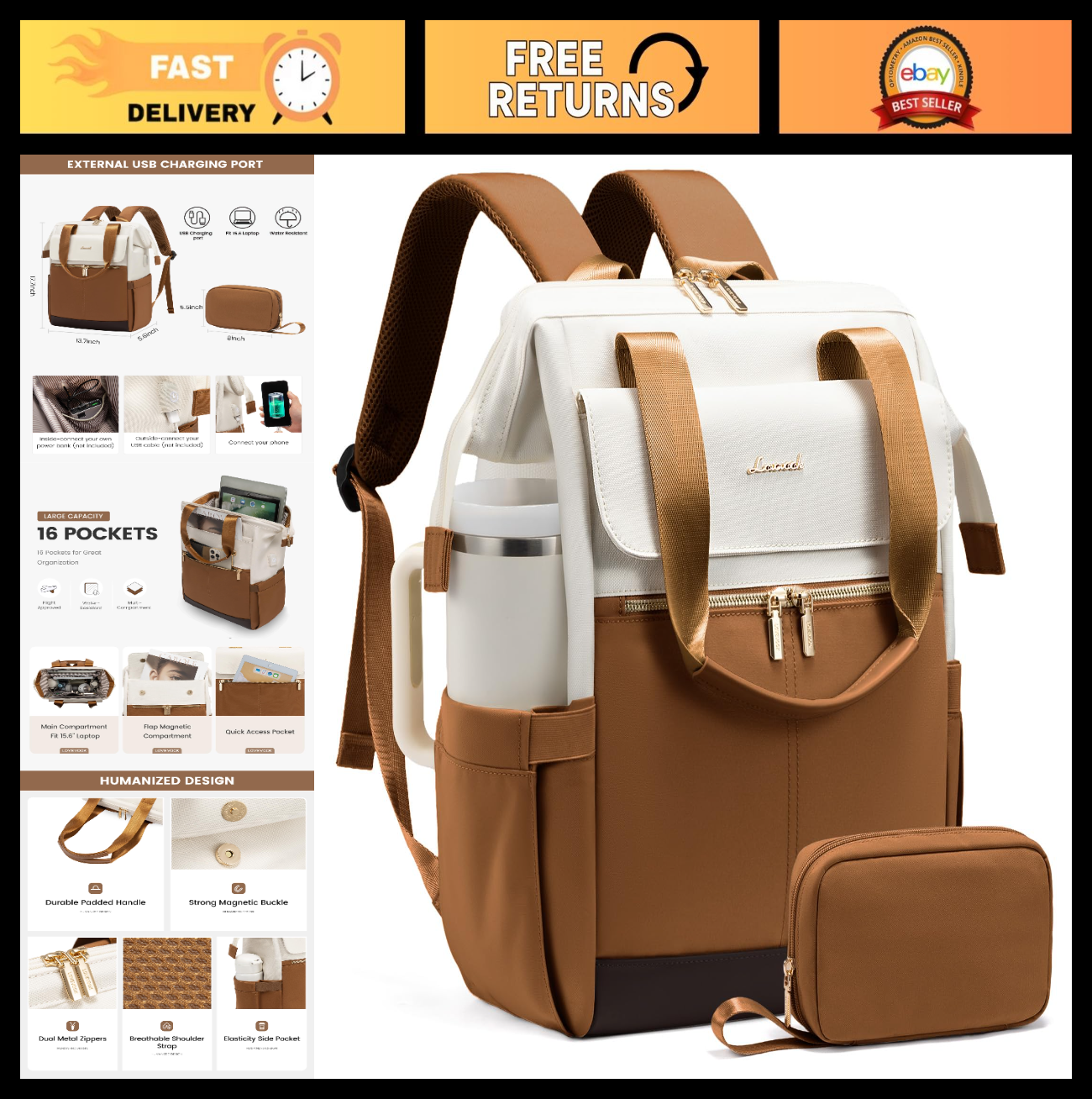 Stylish 15.6" Laptop Backpack for Women, USB Port, Waterproof, Tumbler Holder, T0