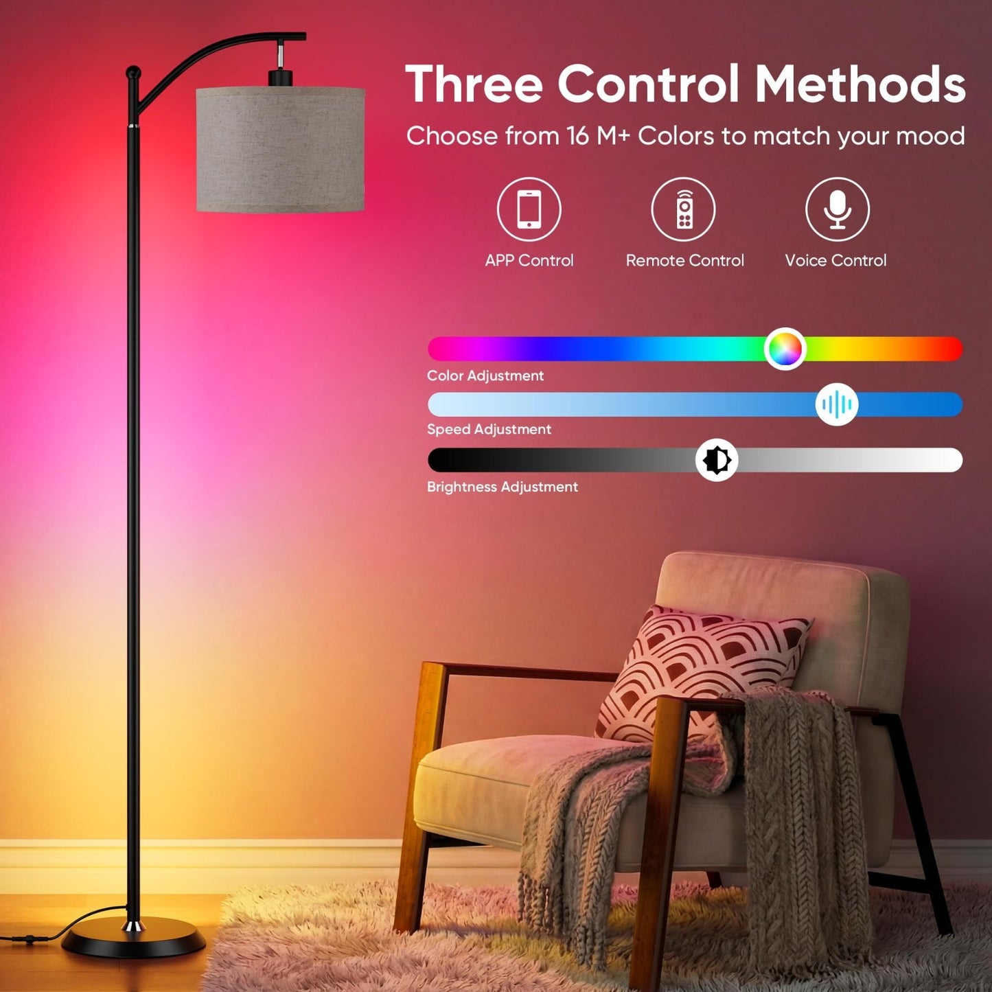 Color Changing Smart LED Corner Lamp with Linen Shade, Alexa Compatible, Music S2