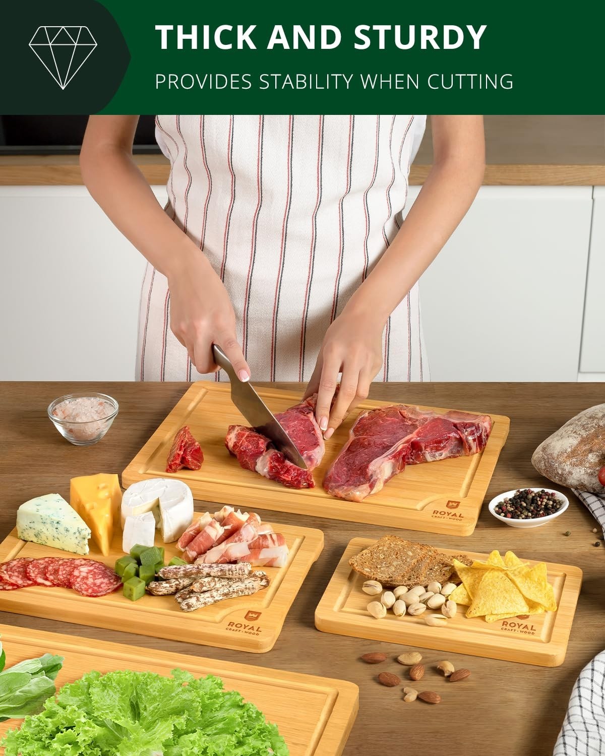 Wooden Cutting Boards Set   Bamboo Meal Prep & Serving Board with Juice Groove,2