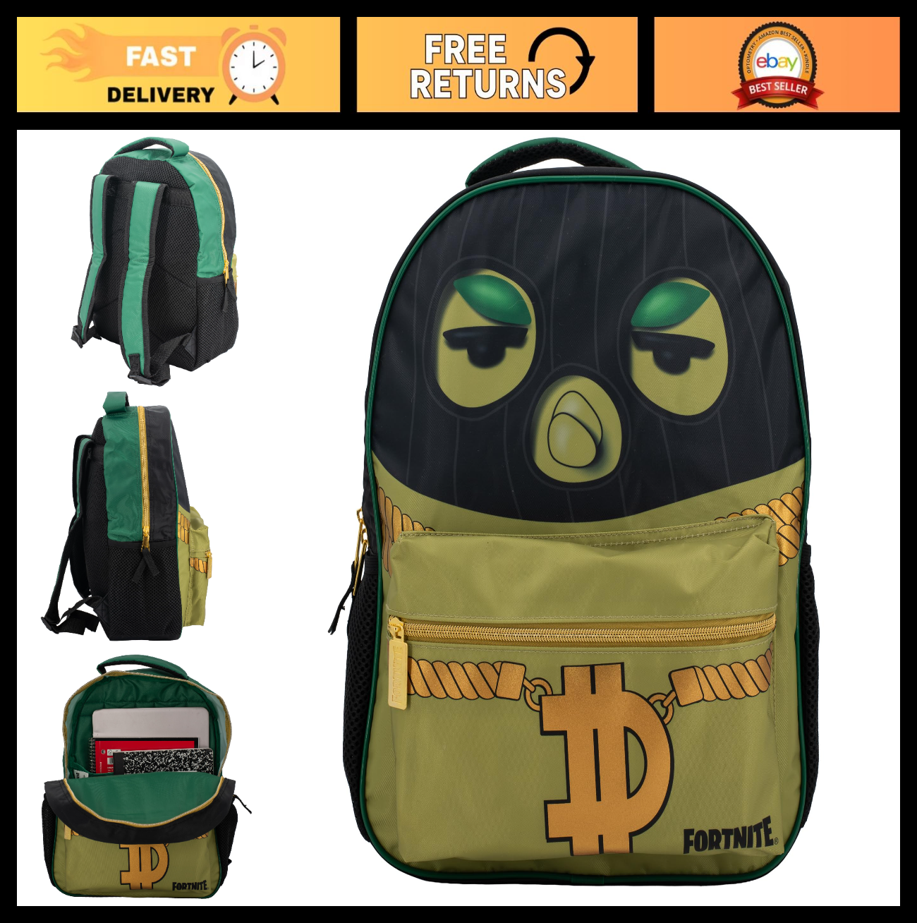 16 Inch Fortnite Inspired Backpack for Boys & Girls, Nylon Twill Schoolbag, Gree0