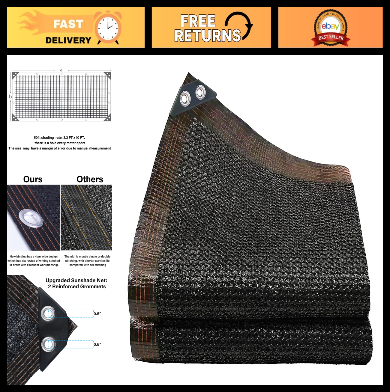 50% Black Shade Cloth 3.3x10 FT Garden Mesh Tarp for Plants Heat Protection Grom0