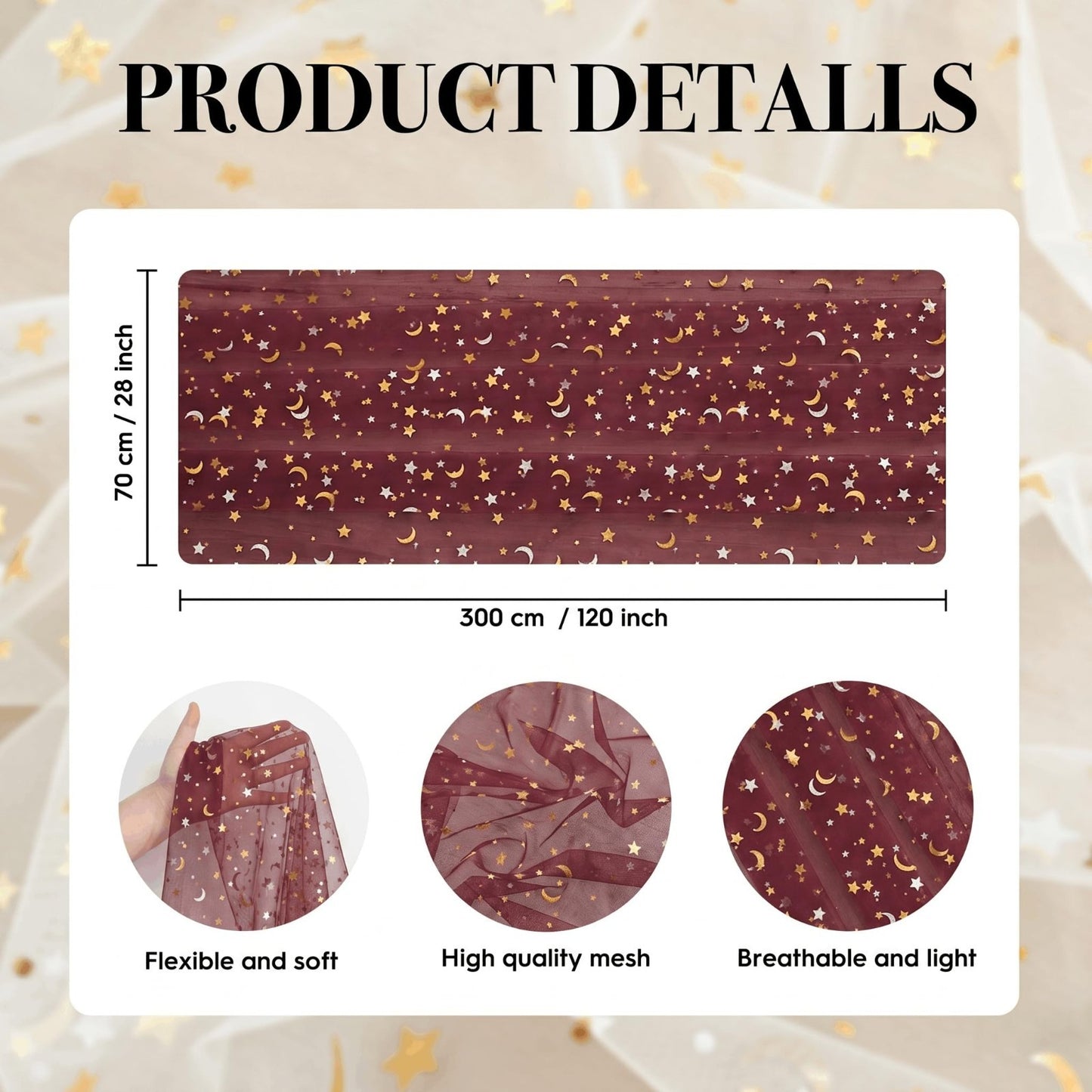 Burgundy Star Moon Table Runner 10FT - Glitter Foil Sheer Dining Decor for Parti6