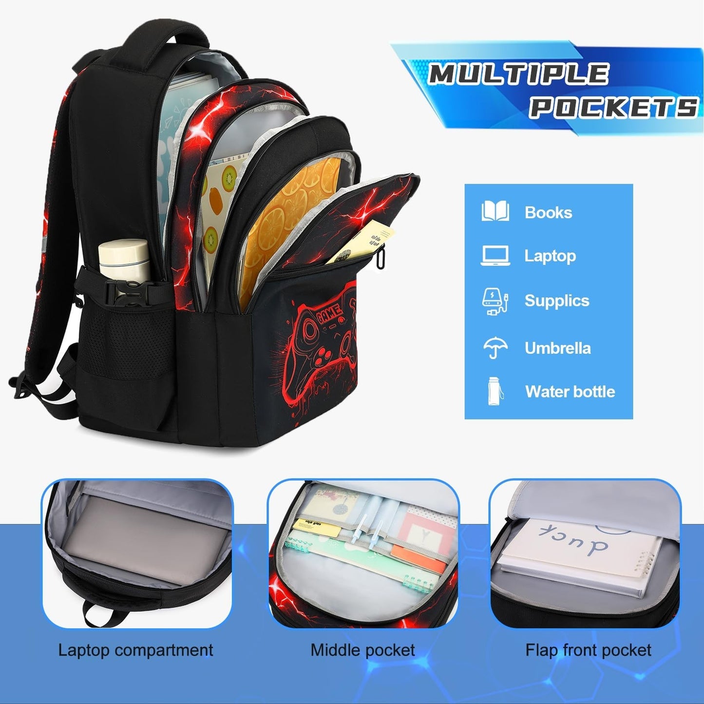 Cool Luminous Gamer Backpack Set for Boys   6PCS with Insulated Water Bottle, Lu7