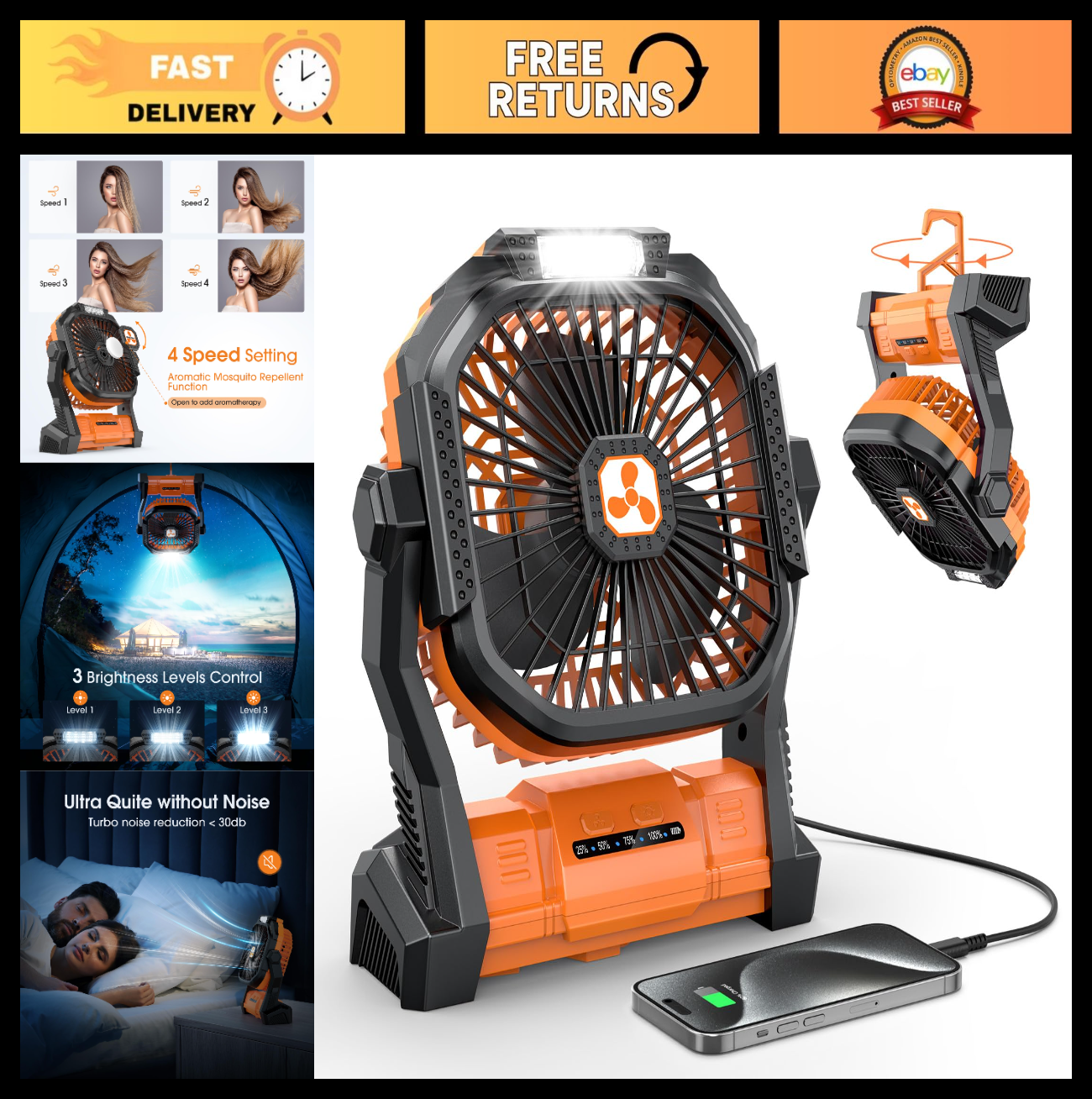 Rechargeable Portable Fan with LED Lantern   Cordless Battery Operated for Trave0