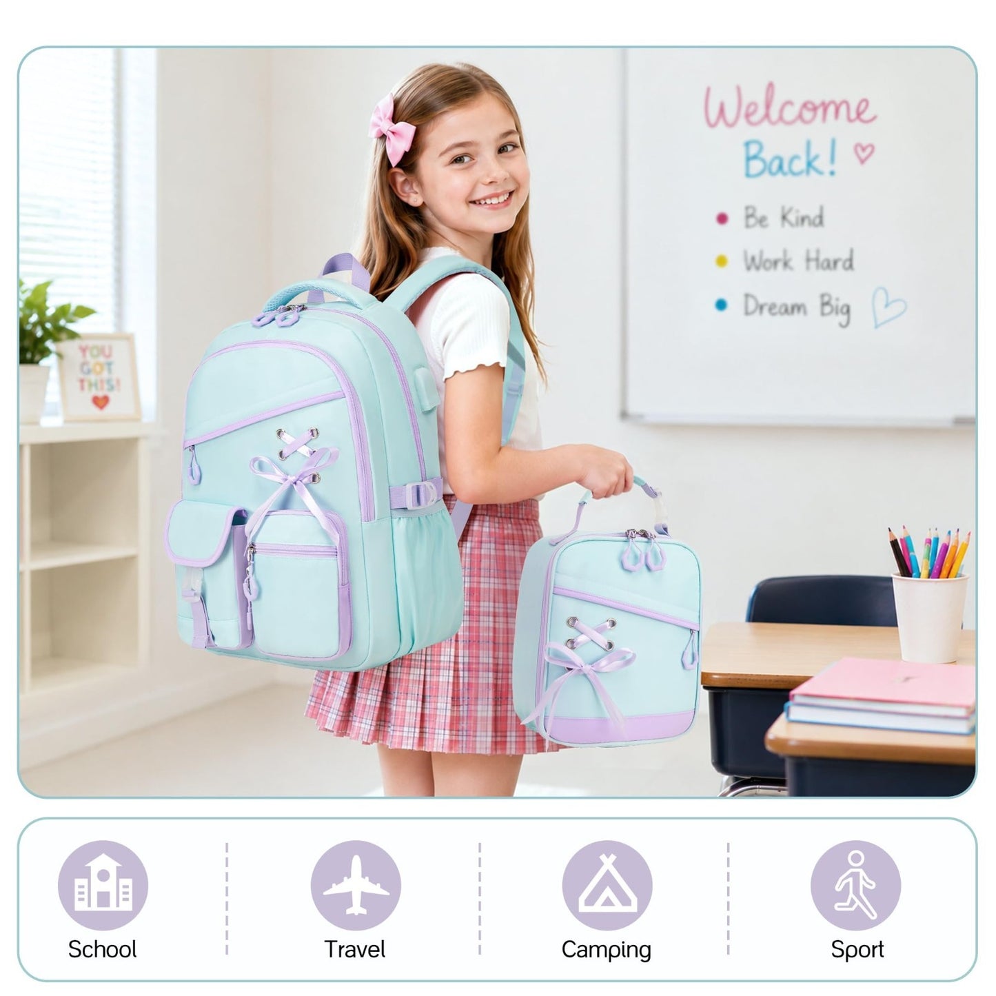 3PCS Girls School Backpack Set with Lunch Box & Pencil Pouch   Stylish & Durable6