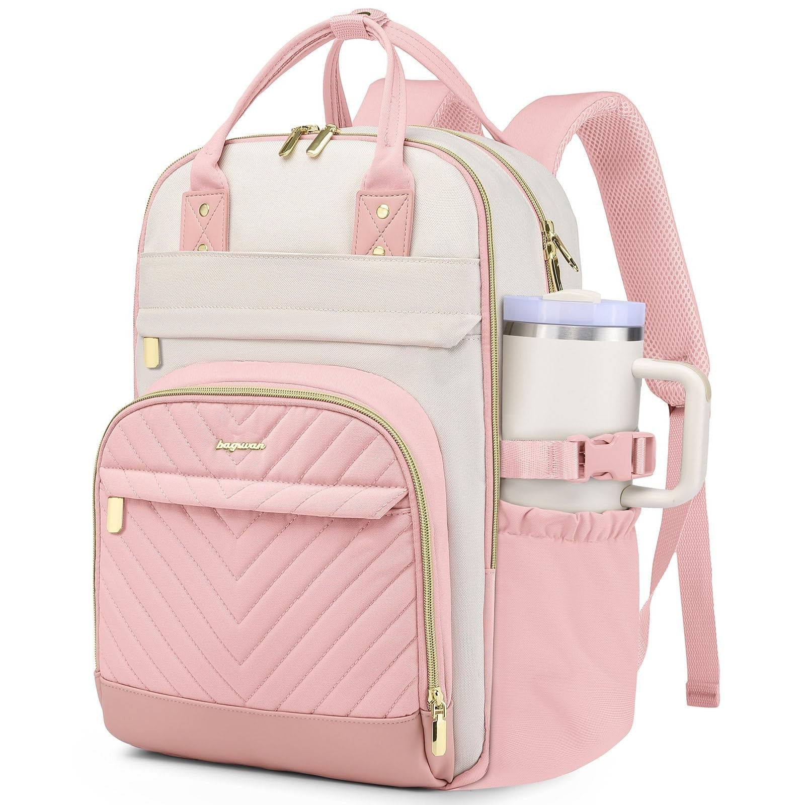 Stylish Laptop Backpack for Women   15.6" College Bookbag with Large Tumbler Poc0