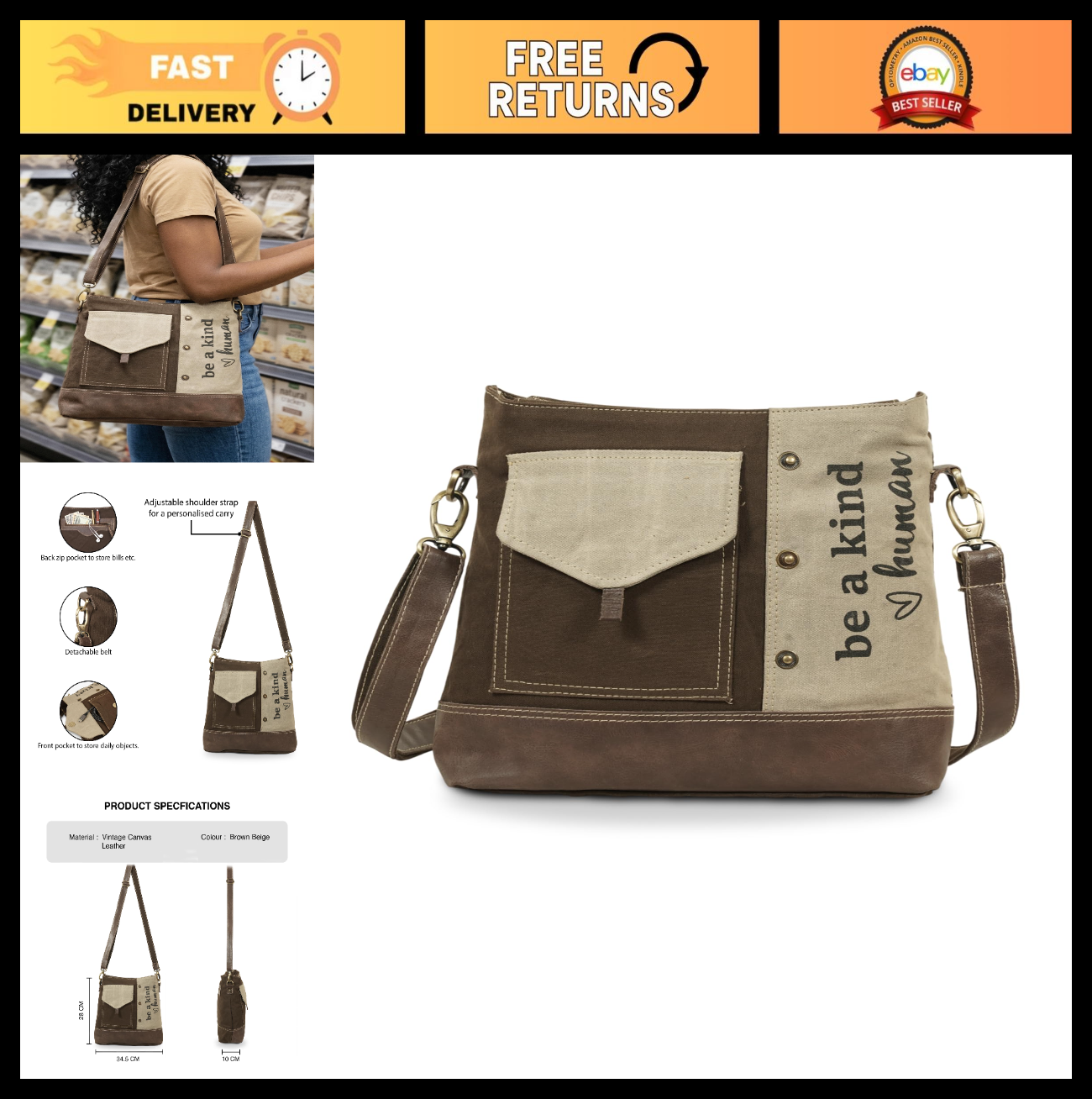 Upcycled Vintage Canvas & Leather Messenger Shoulder Bag   Stylish & Durable0
