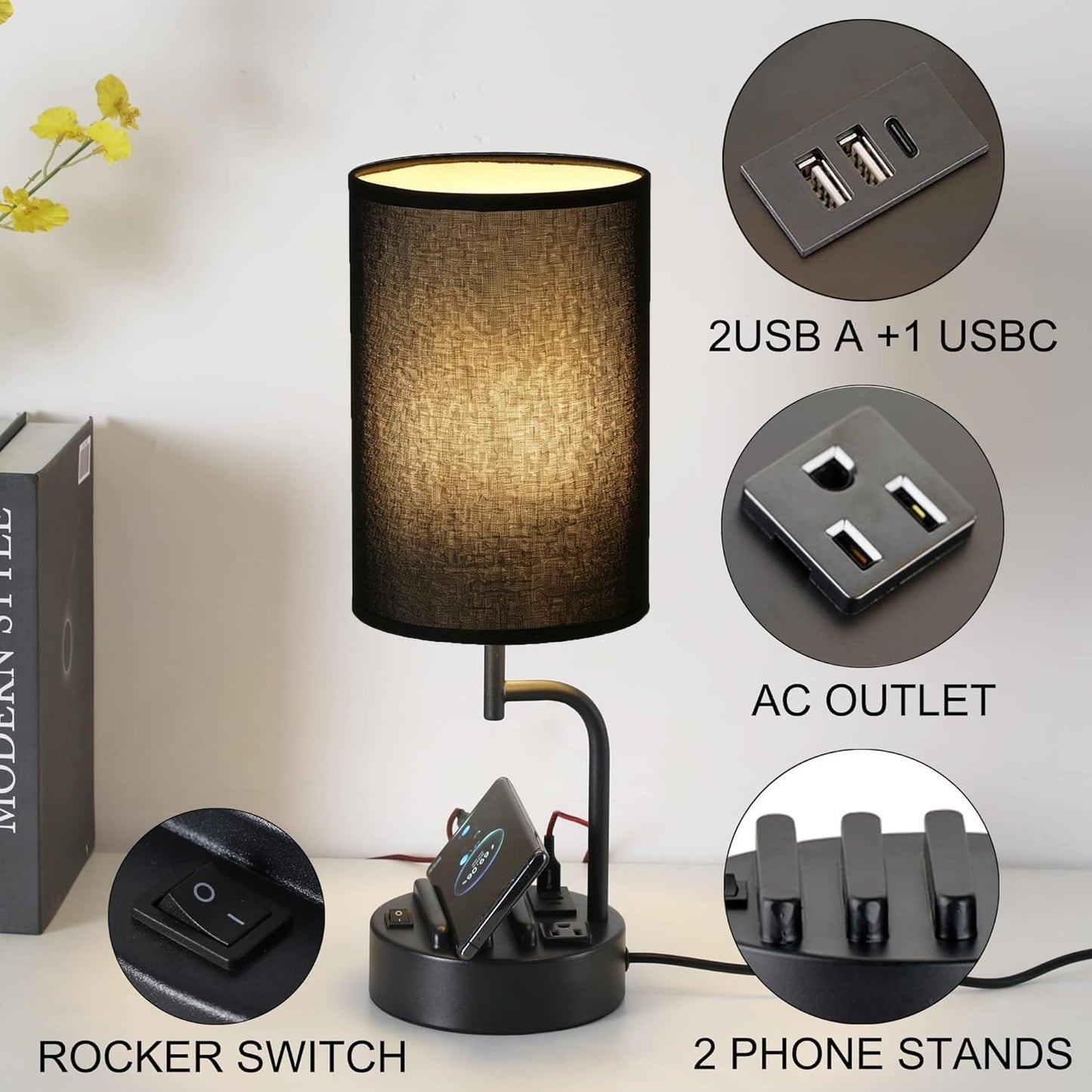 Modern Table Lamp with 3 USB Ports & AC Outlet, Bedside Desk Light, 2 Pack, Blac2