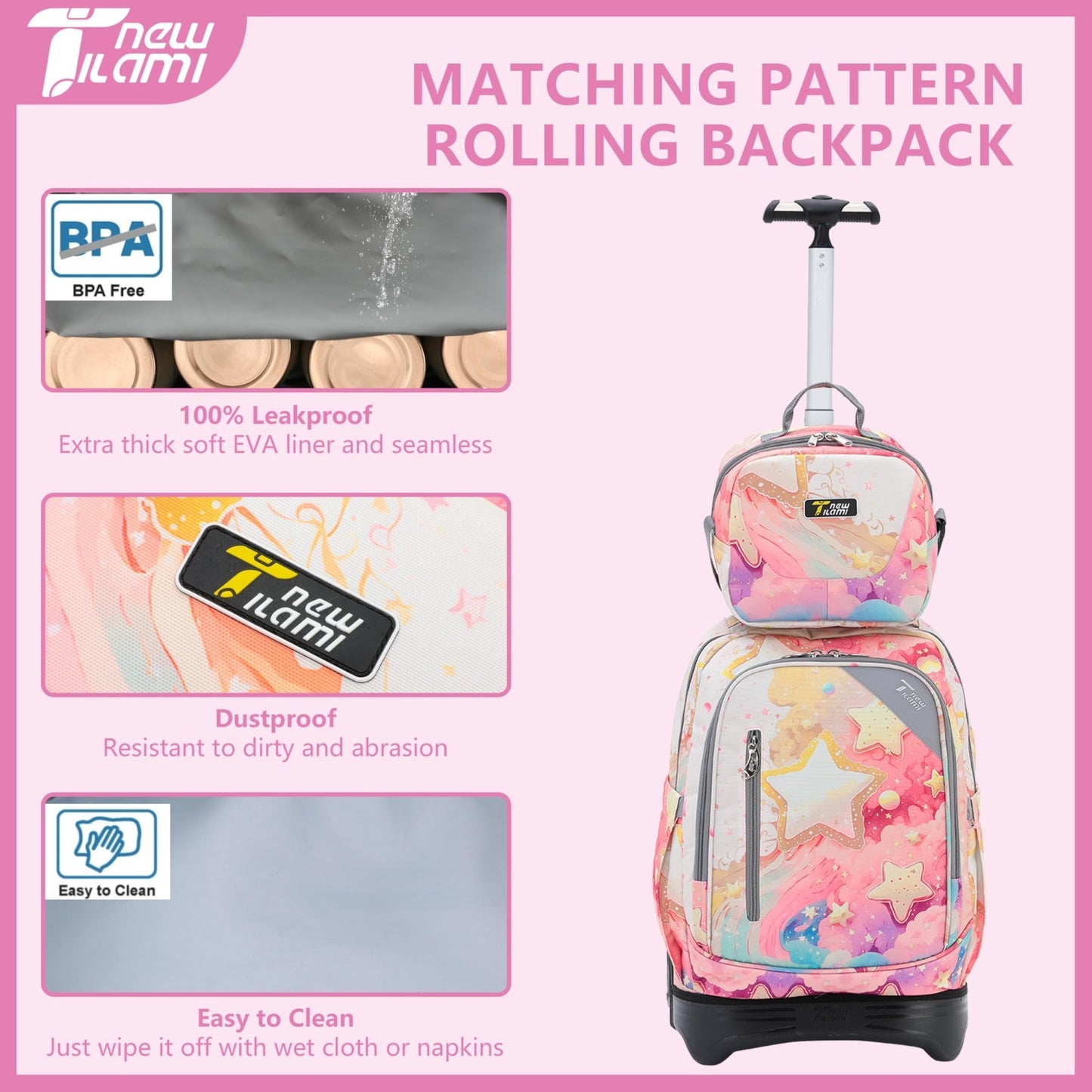 18 Inch Rolling Backpack with Lunch Bag for Kids, School Travel, Durable & Styli6