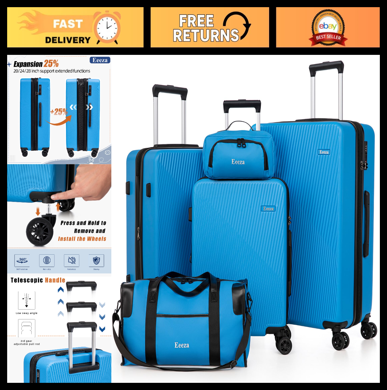 5-Piece Hardshell Luggage Set - TSA Lock, Spinner Wheels, Water-Repellent, 20/240