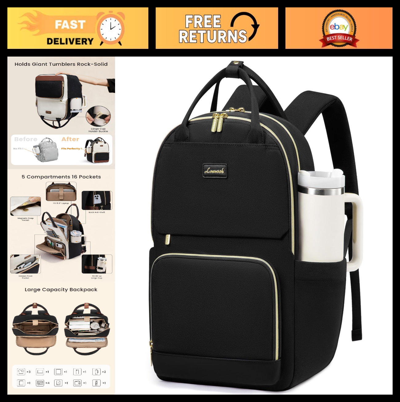 Stylish Laptop Backpack for Women, 15.6" Travel Work Bag with Tumbler Holder, Wa0