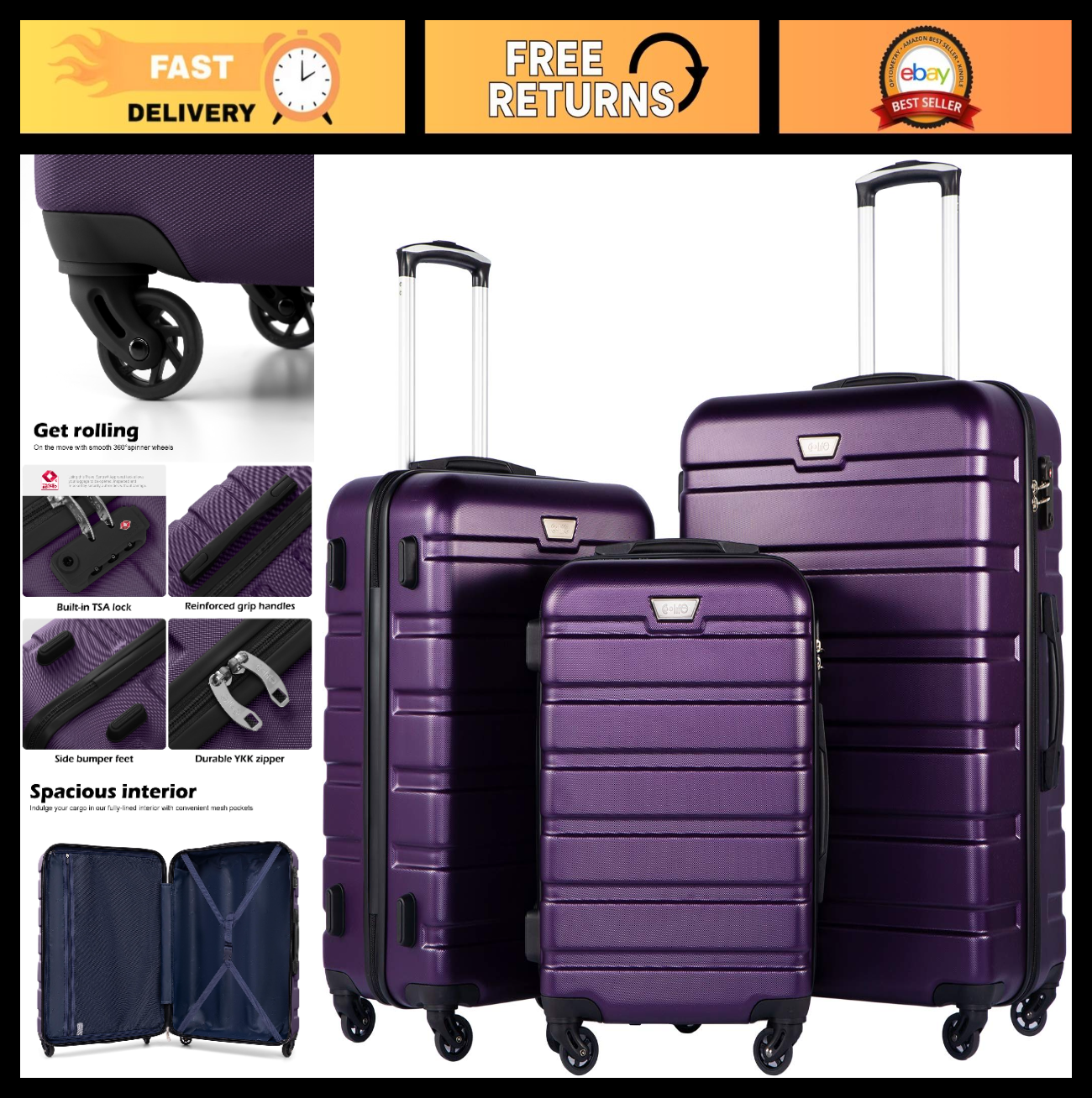 Lightweight Hardshell Luggage Set, 3-Piece Spinner Suitcase, TSA Lock, Purple 200