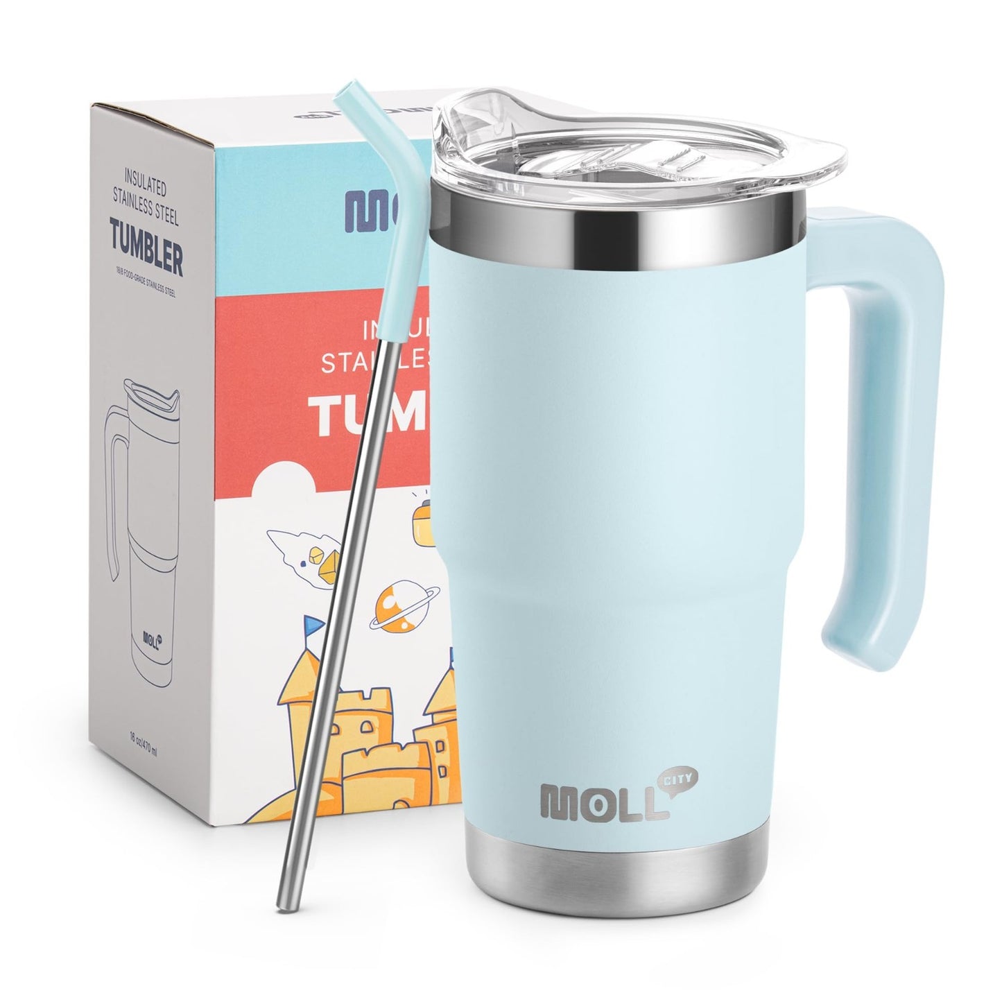 Insulated Travel Coffee Mug 16oz   Stainless Steel Tumbler with Lid & Straw   Ba1