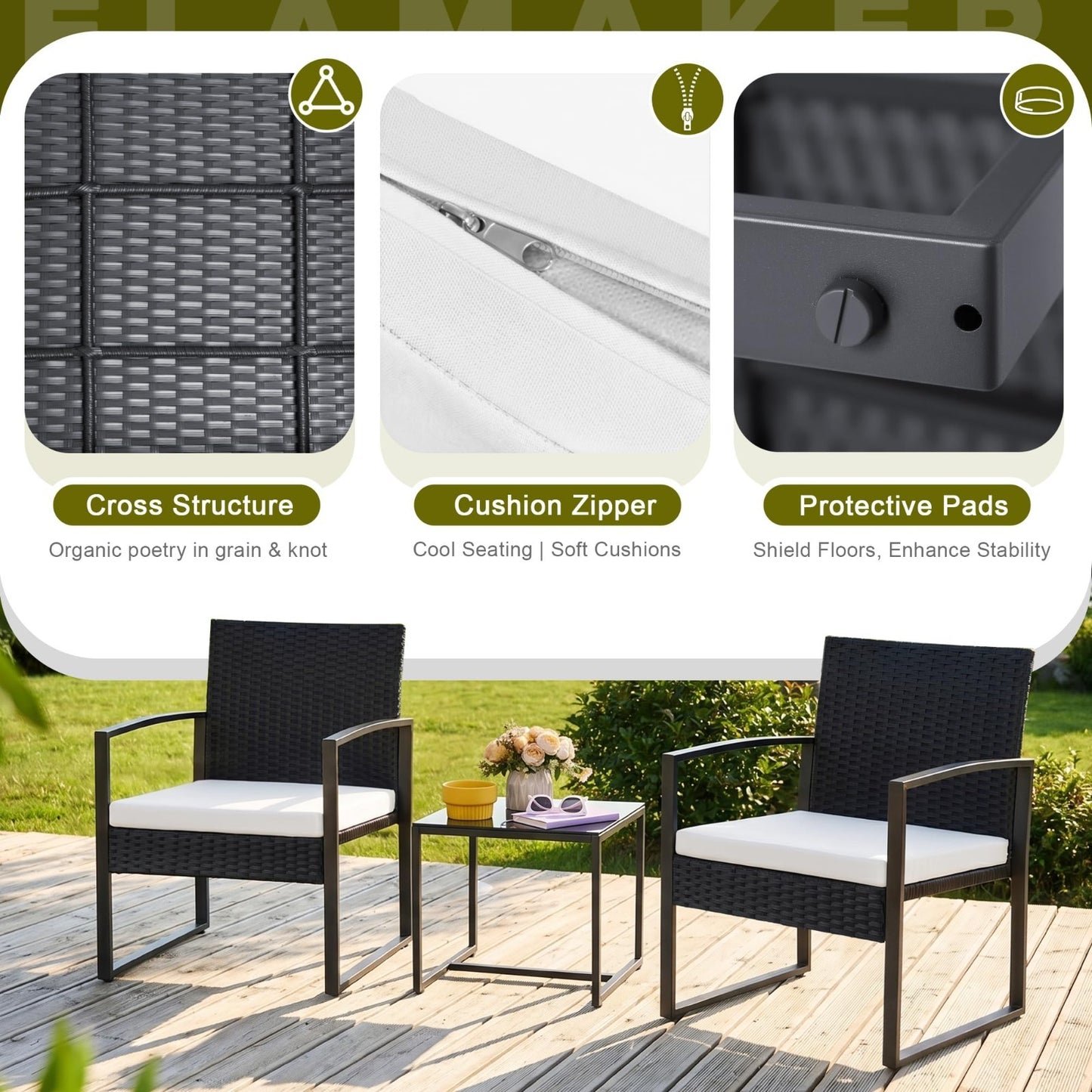 3 Piece Outdoor Wicker Patio Furniture Set | Modern Rattan Bistro Chairs & Table5