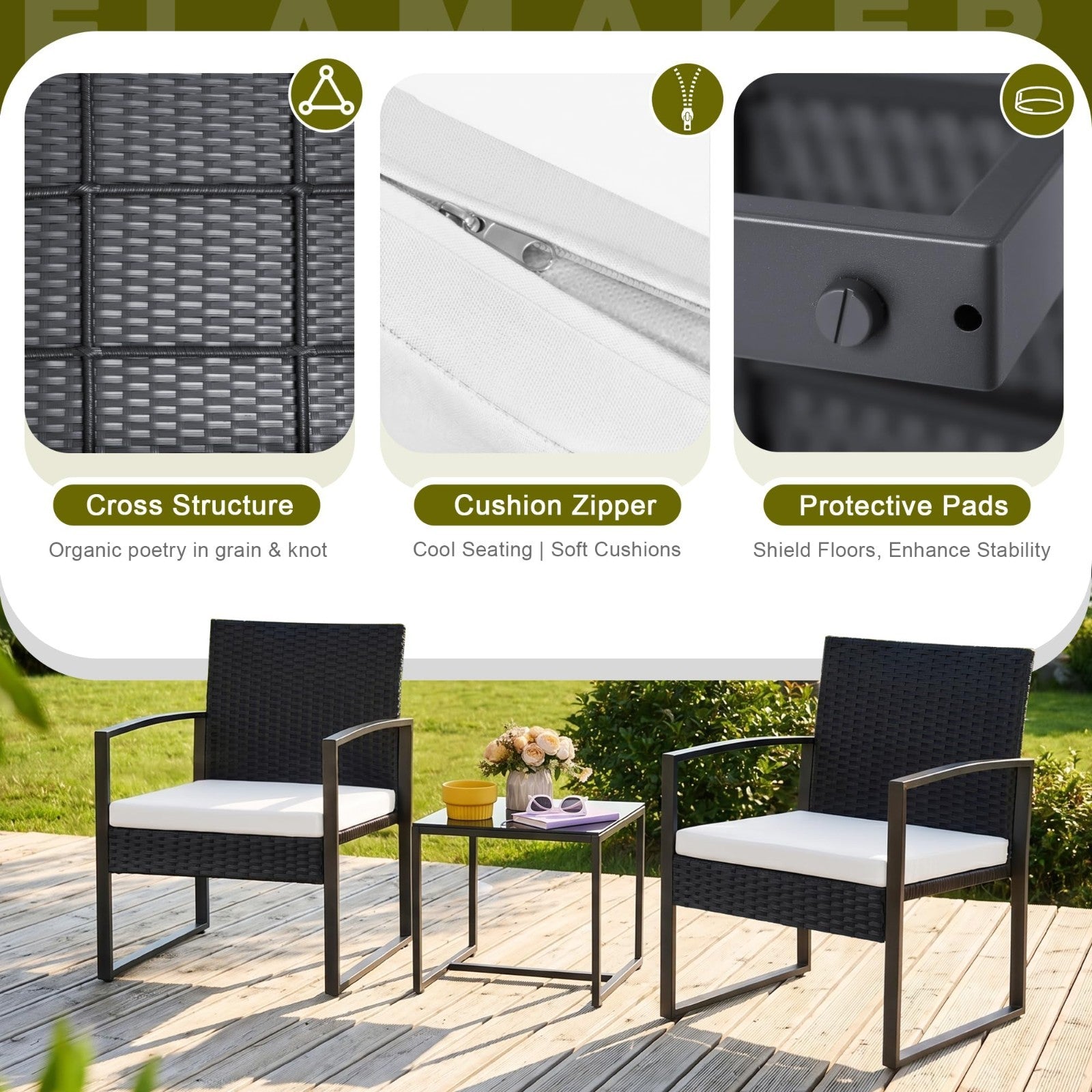 3 Piece Outdoor Wicker Patio Furniture Set | Modern Rattan Bistro Chairs & Table5