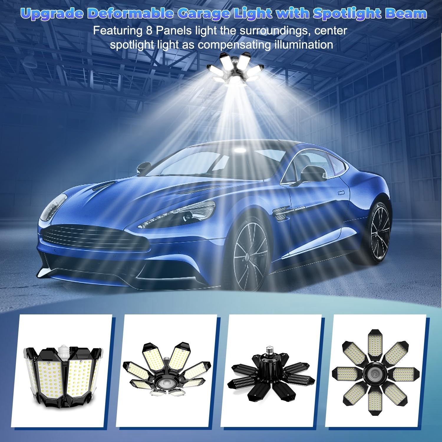 Super Bright 25000LM Garage Ceiling Lights, 8 Deformable Panels, 6500K LED, E26/2