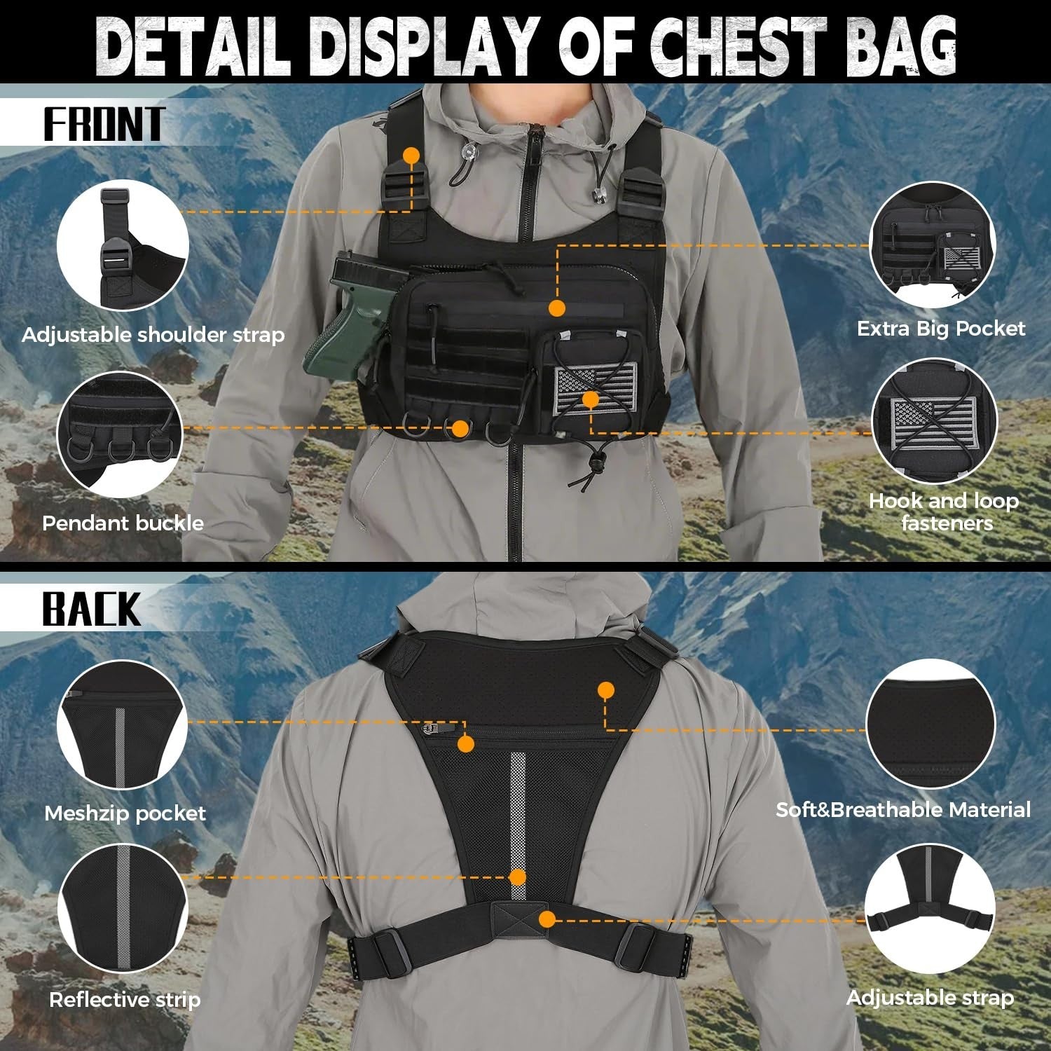 Men's Outdoor Chest Bag - EDC Travel Vest Holster for Running & Hiking, Fits Mos5