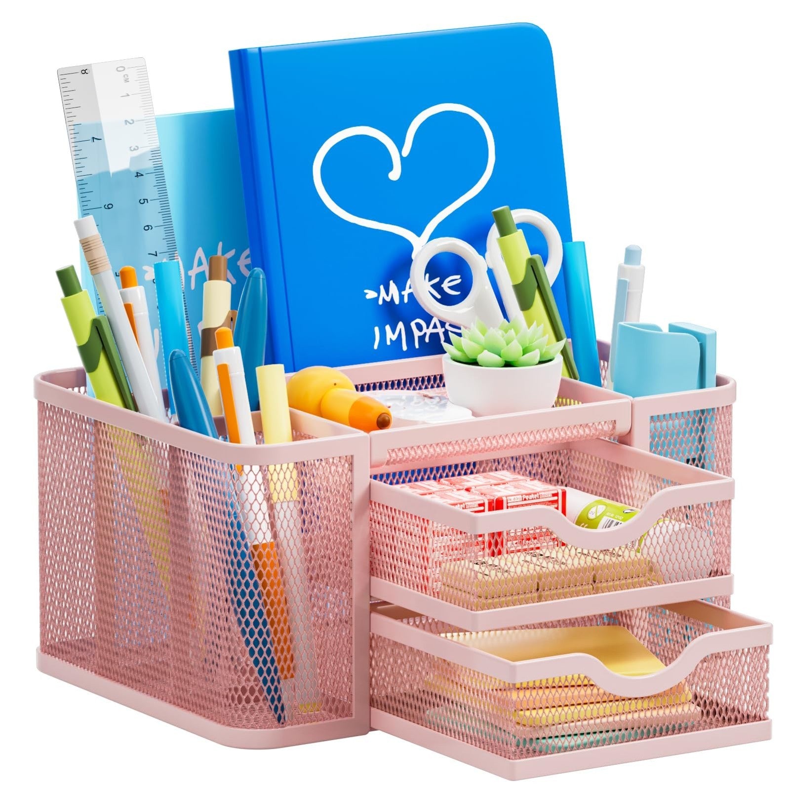 Multi Functional Mesh Desk Organizer with 2 Drawers, 5 Compartments   Pink Penci1