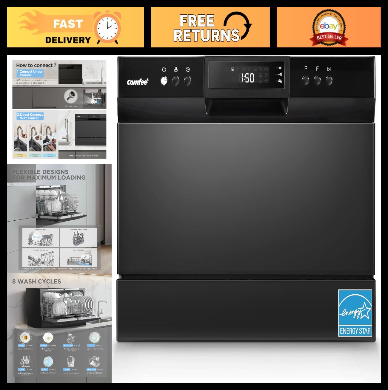 Portable Countertop Dishwasher - Energy Star, 6 Place Settings, 8 Wash Programs,0