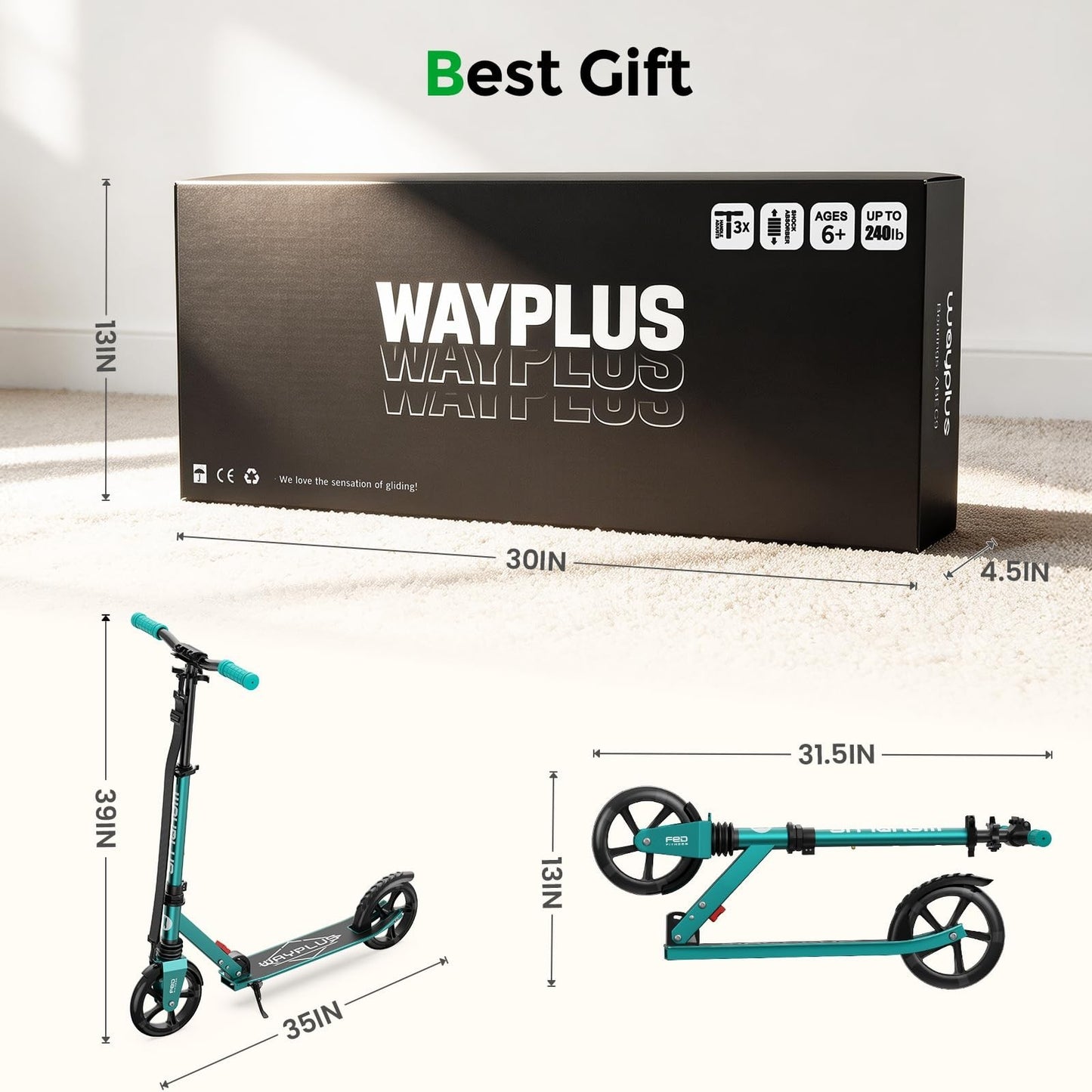 Kick Scooter for Ages 6+, Teens & Adults - 8" Big Wheels, 240lb Capacity, Smooth7