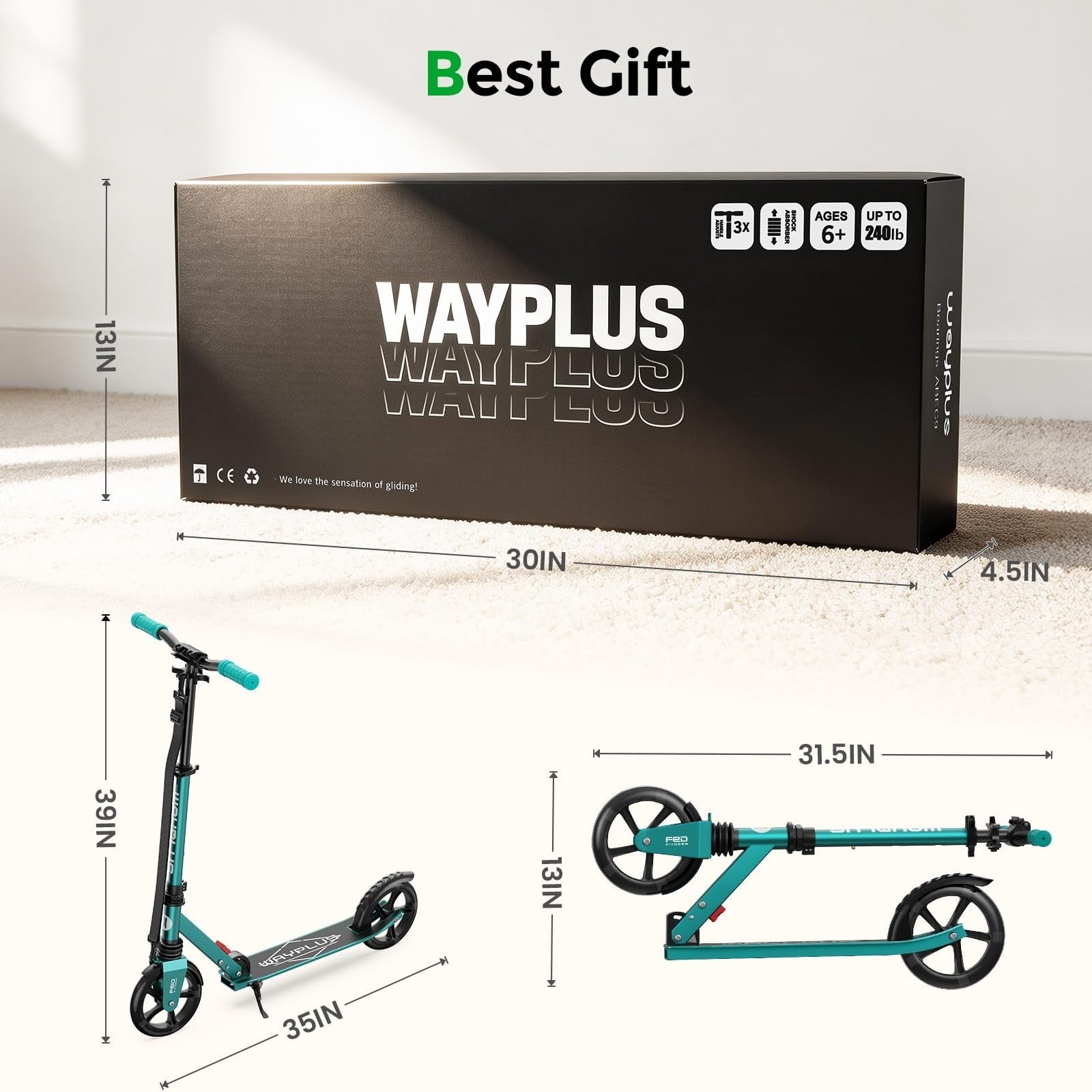 Kick Scooter for Ages 6+, Teens & Adults - 8" Big Wheels, 240lb Capacity, Smooth7