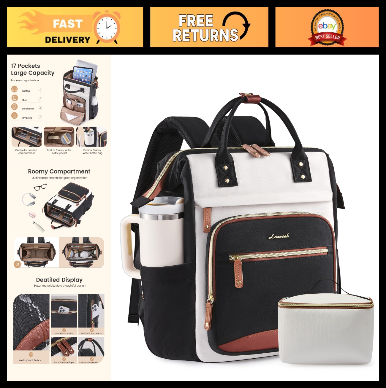 Stylish Women's Laptop Backpack, 15.6" Waterproof Work Bag, Large Capacity, Cup0