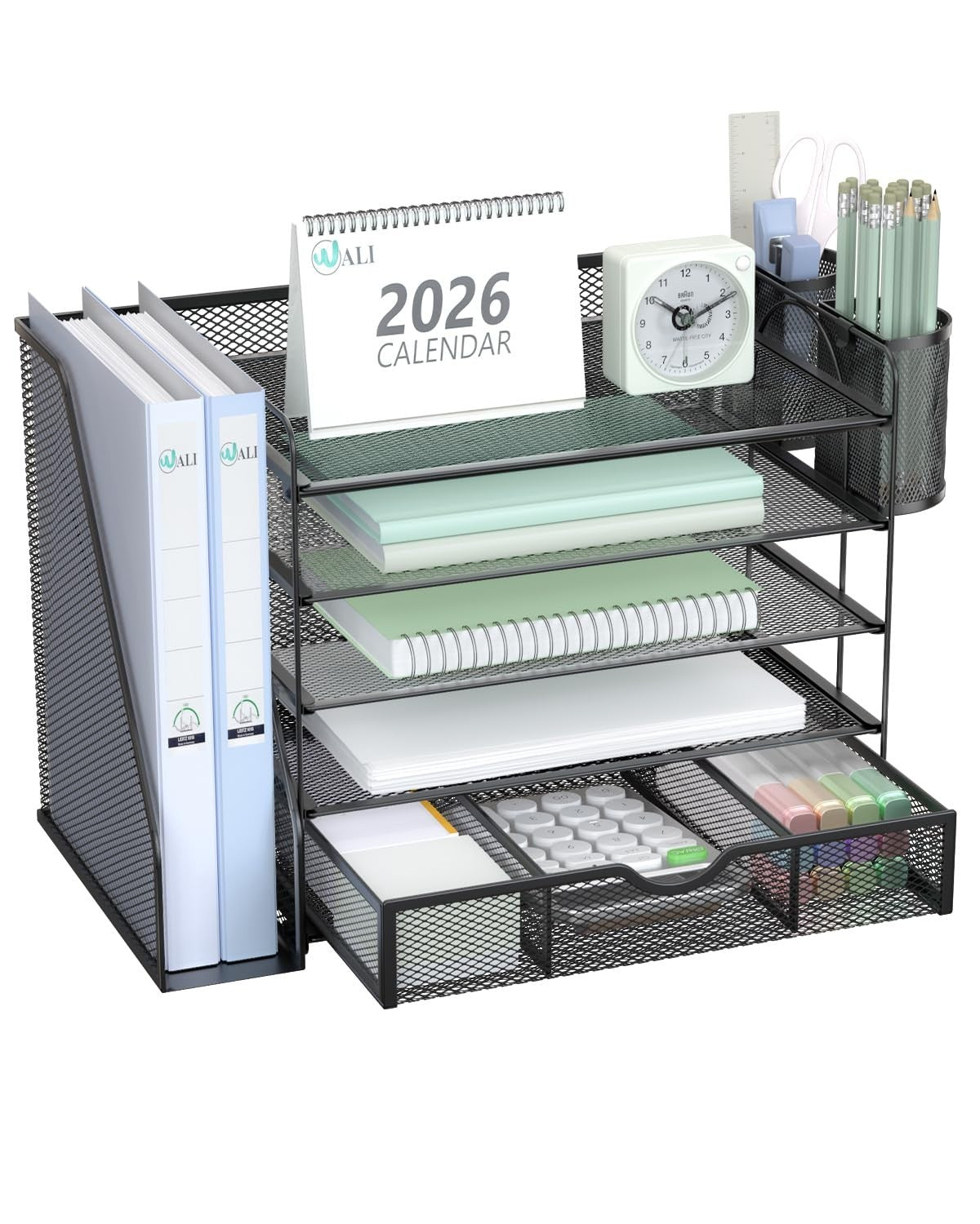 5 Tier Desktop File Organizer with Drawer & Pen Holders   Office Desk Accessorie1