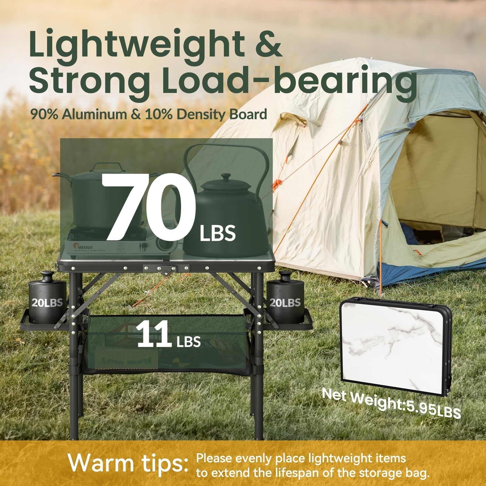 Compact Folding Camping Table 2ft with Storage Bag & Side Racks - Lightweight &4