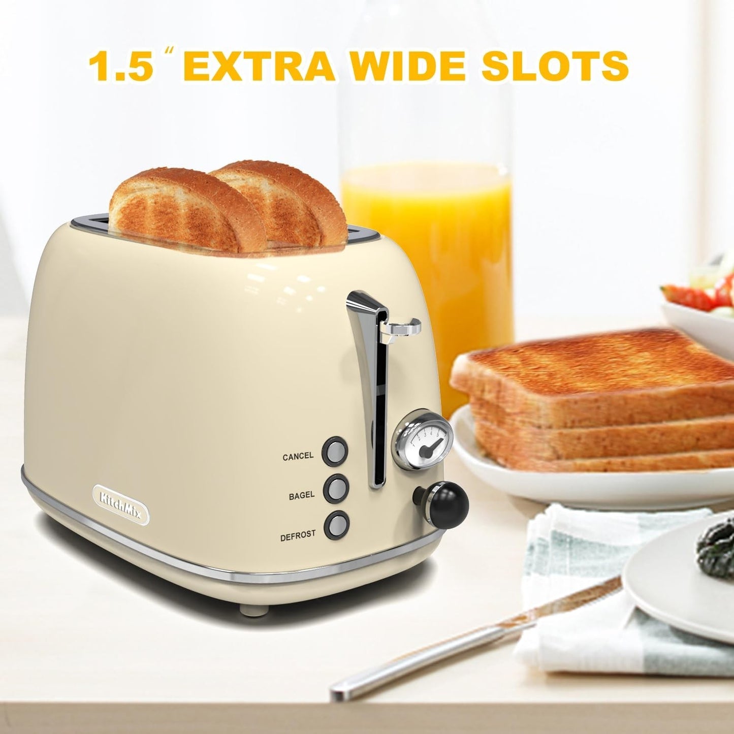 Retro Stainless Steel 2 Slice Toaster with 6 Settings, Extra Wide Slots, Bagel/D2