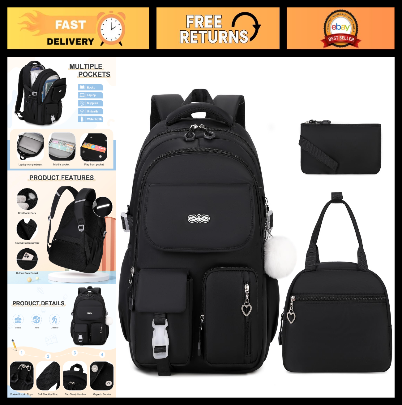 3PCS Girls School Backpack Set with Lunch Box & Pencil Pouch   Stylish & Durable0