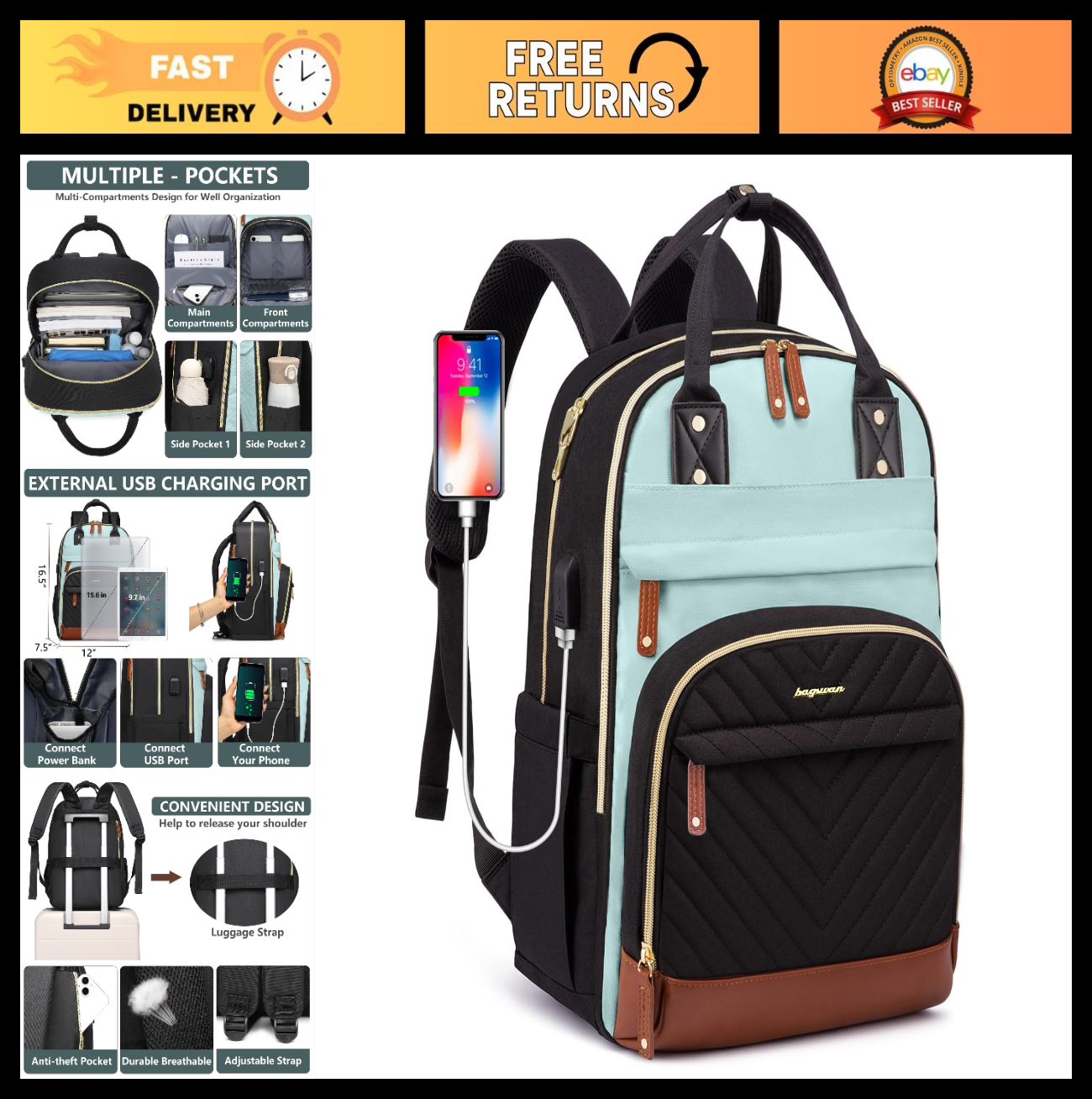 Stylish Waterproof Laptop Backpack for Women   15.6" USB Charging College Bag, A0