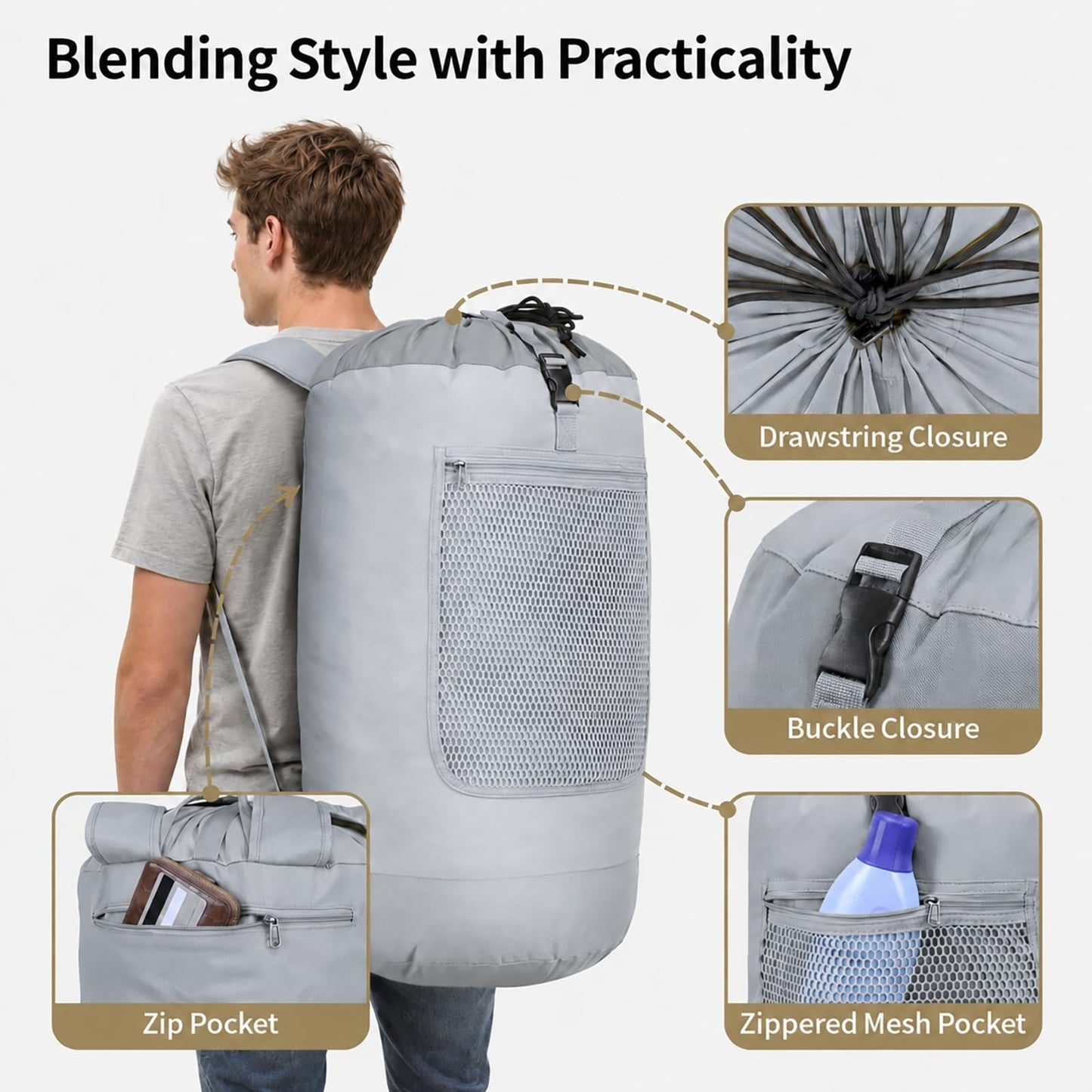 115L Laundry Backpack for College - Heavy-Duty, Wide Straps, Drawstring Closure,6