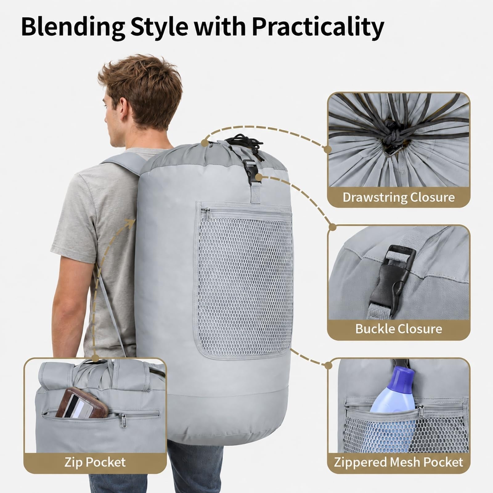 115L Laundry Backpack for College - Heavy-Duty, Wide Straps, Drawstring Closure,6