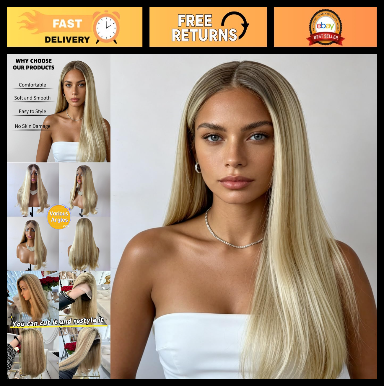 Ombre Balayage Blonde Bob Wig, Lace Front, Heat Resistant, Silky Straight, Daily0