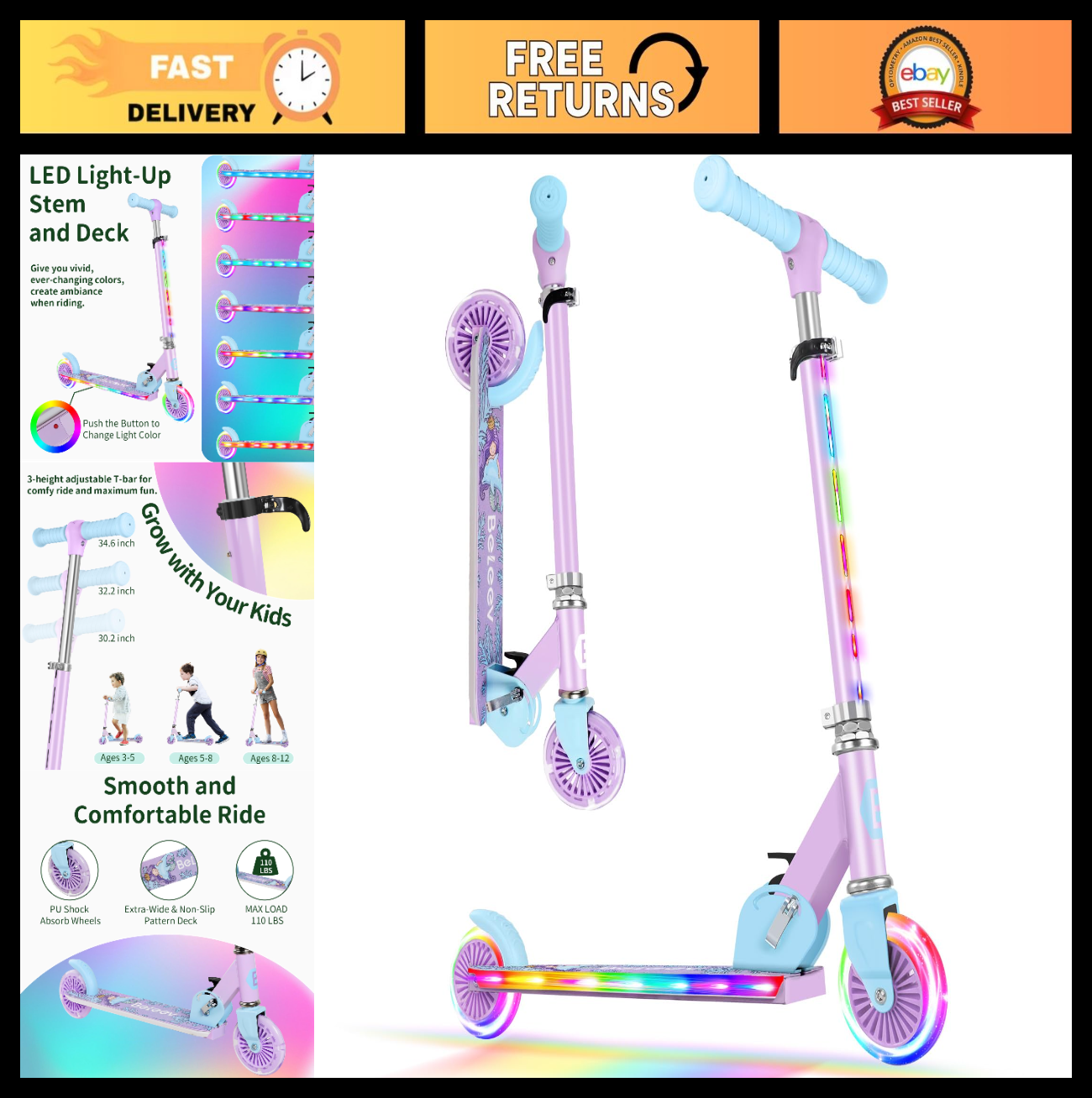 Light-Up Wheel Scooter for Kids, 2-Wheel Folding Kick Scooter, Adjustable Height0