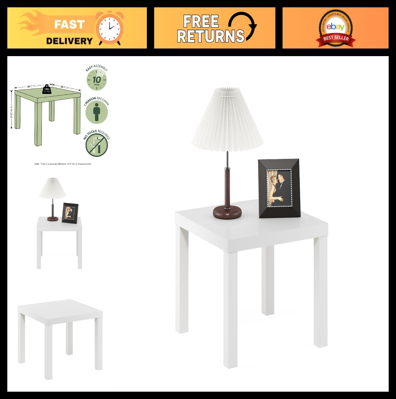 Modern Square Side Table - Triple Thick Top, Easy Assembly Nightstand for Living0