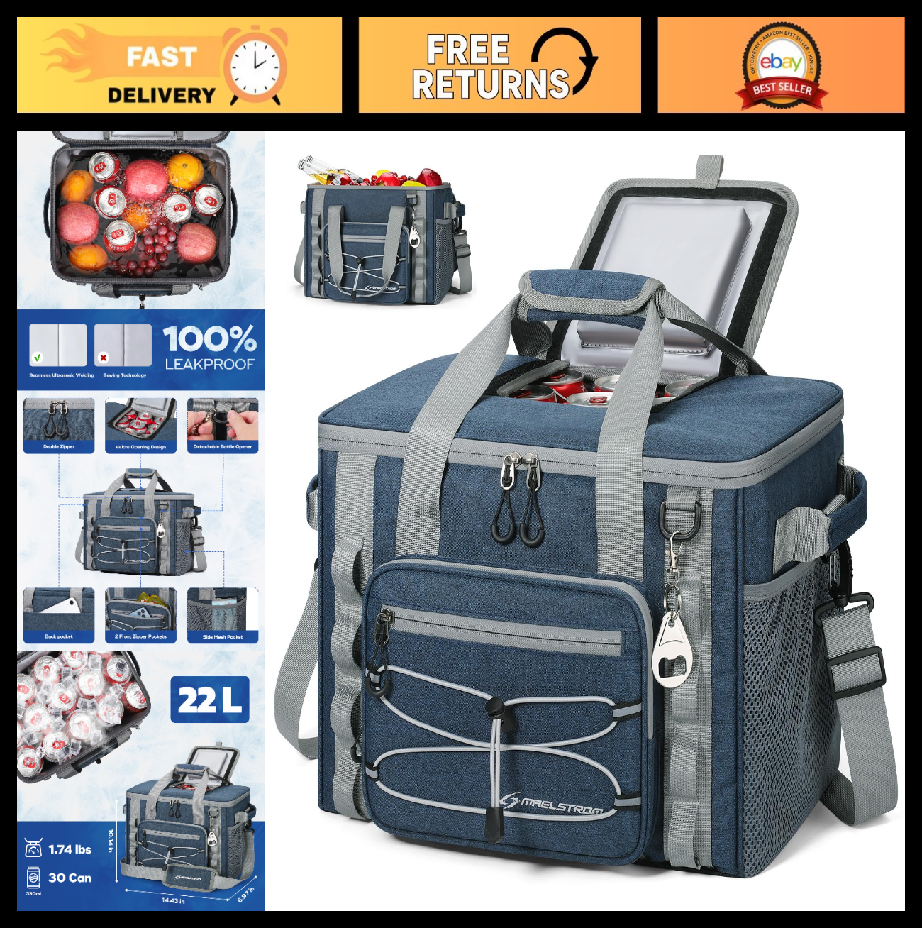 Insulated Soft Cooler Bag - 30/40 Can, Leakproof, 24h Cold, Lightweight, Multi-P0