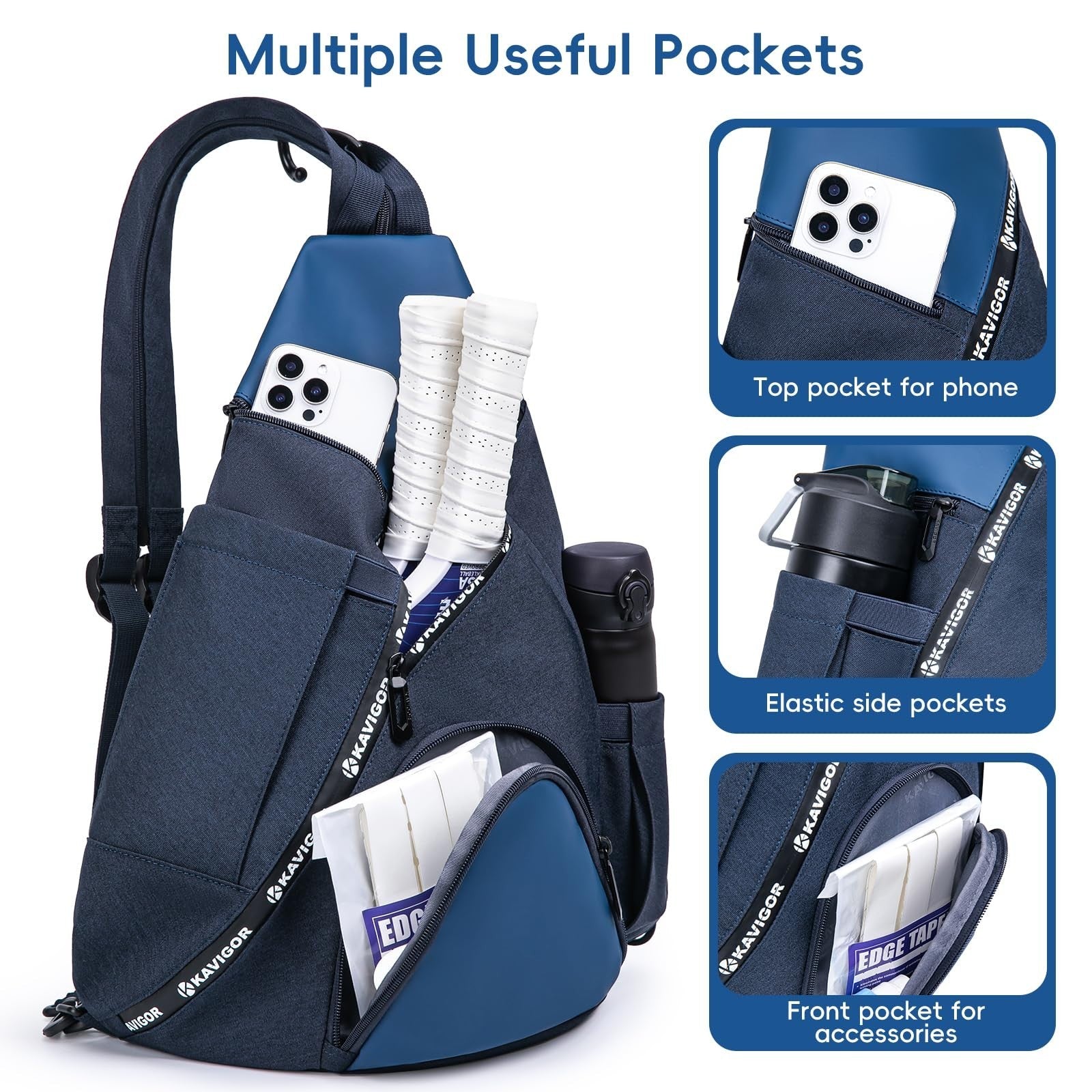 Lightweight Pickleball Sling Bag, 7 Pockets, Water-Resistant, Detachable Strap2