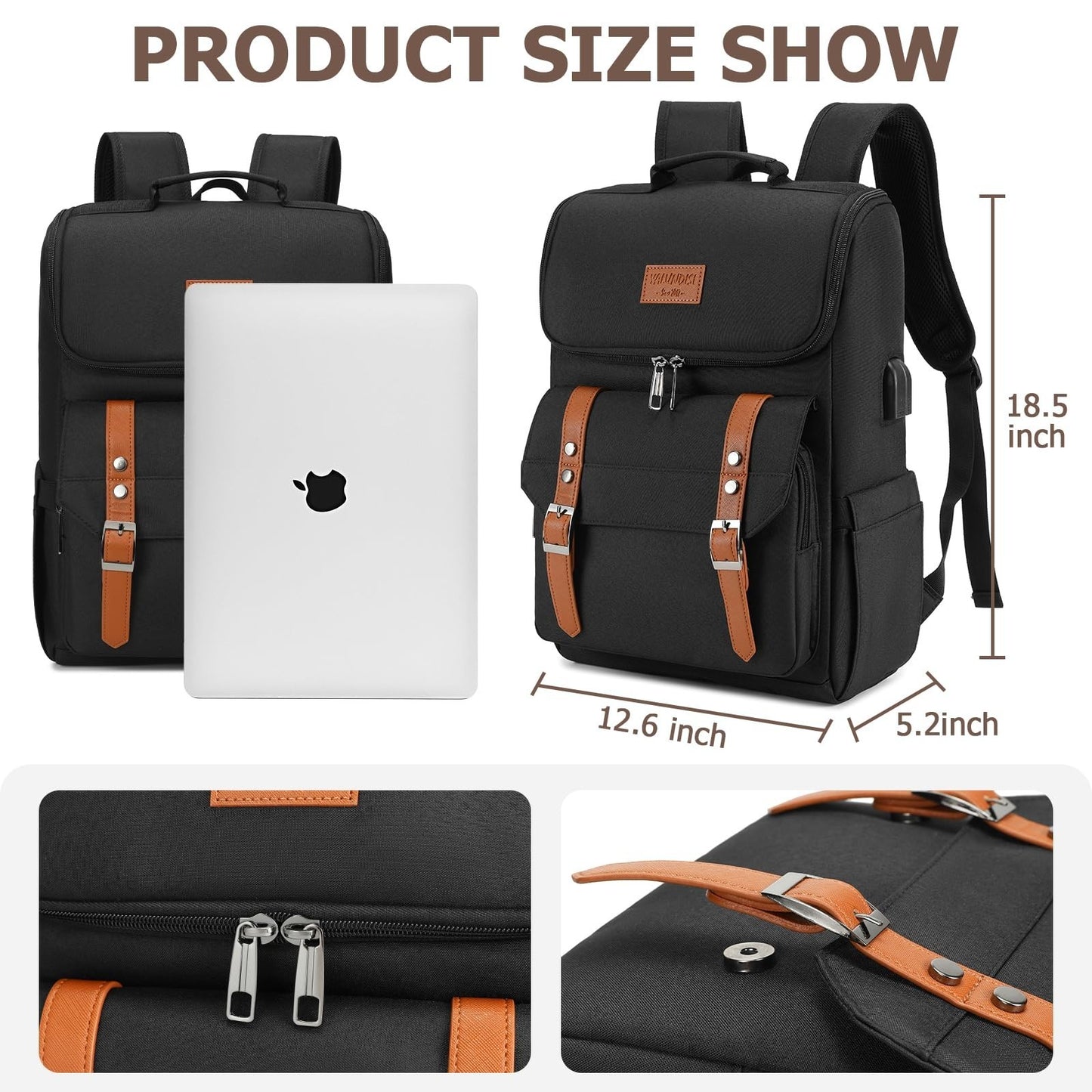 Vintage Travel Laptop Backpack with USB Charging Port for 15.6" Laptops - Black/4