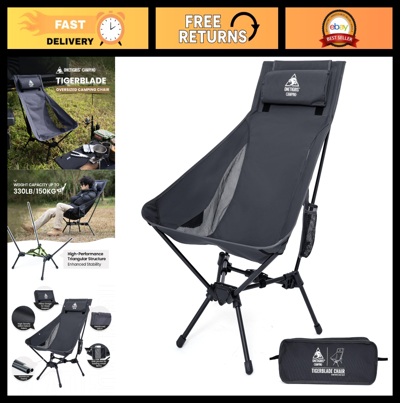 High Back Camping Chair with Pillow, Comfortable Widened Folding Seat for Outdoo0
