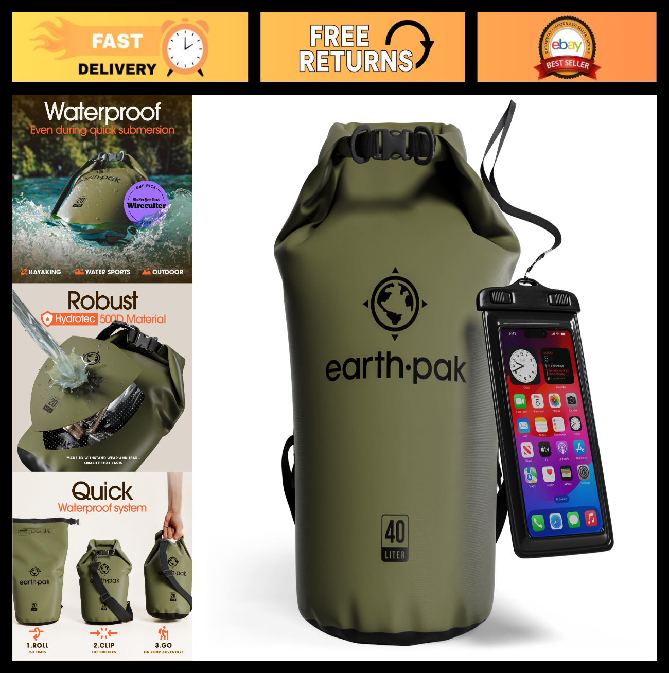 Waterproof Dry Bag Backpack   Roll Top Sack for Kayaking & Gear Protection, Phon0