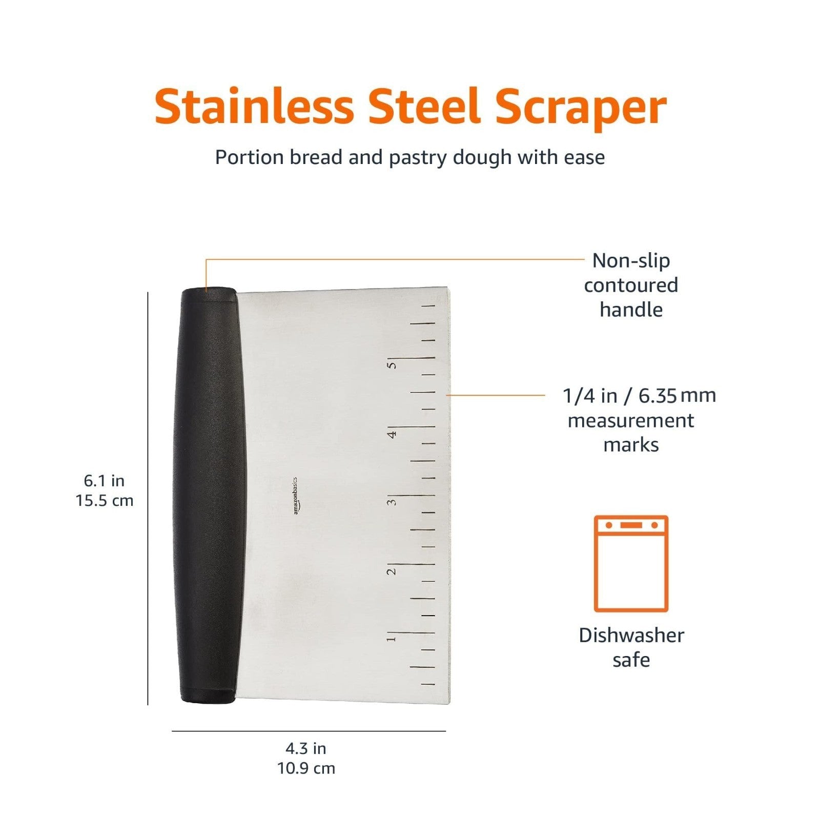 Multi Purpose Bench Scraper   Stainless Steel Dough Cutter, 6" with Measurement2