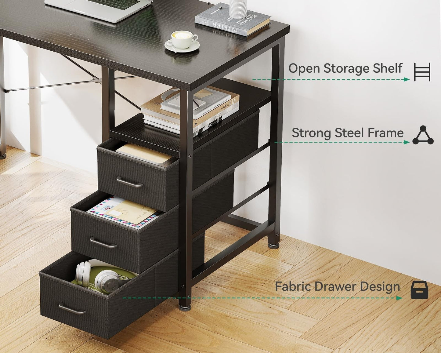 Compact 32" Study Desk with Fabric Drawers, Storage Shelf for Small Spaces3