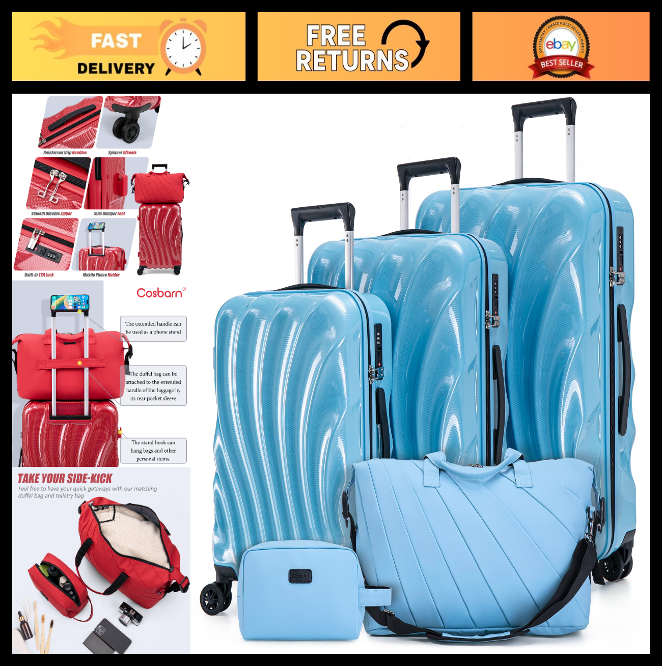 5-Piece Hardshell Luggage Set with Wheels, TSA Lock, Phone Holder, Sky Blue0