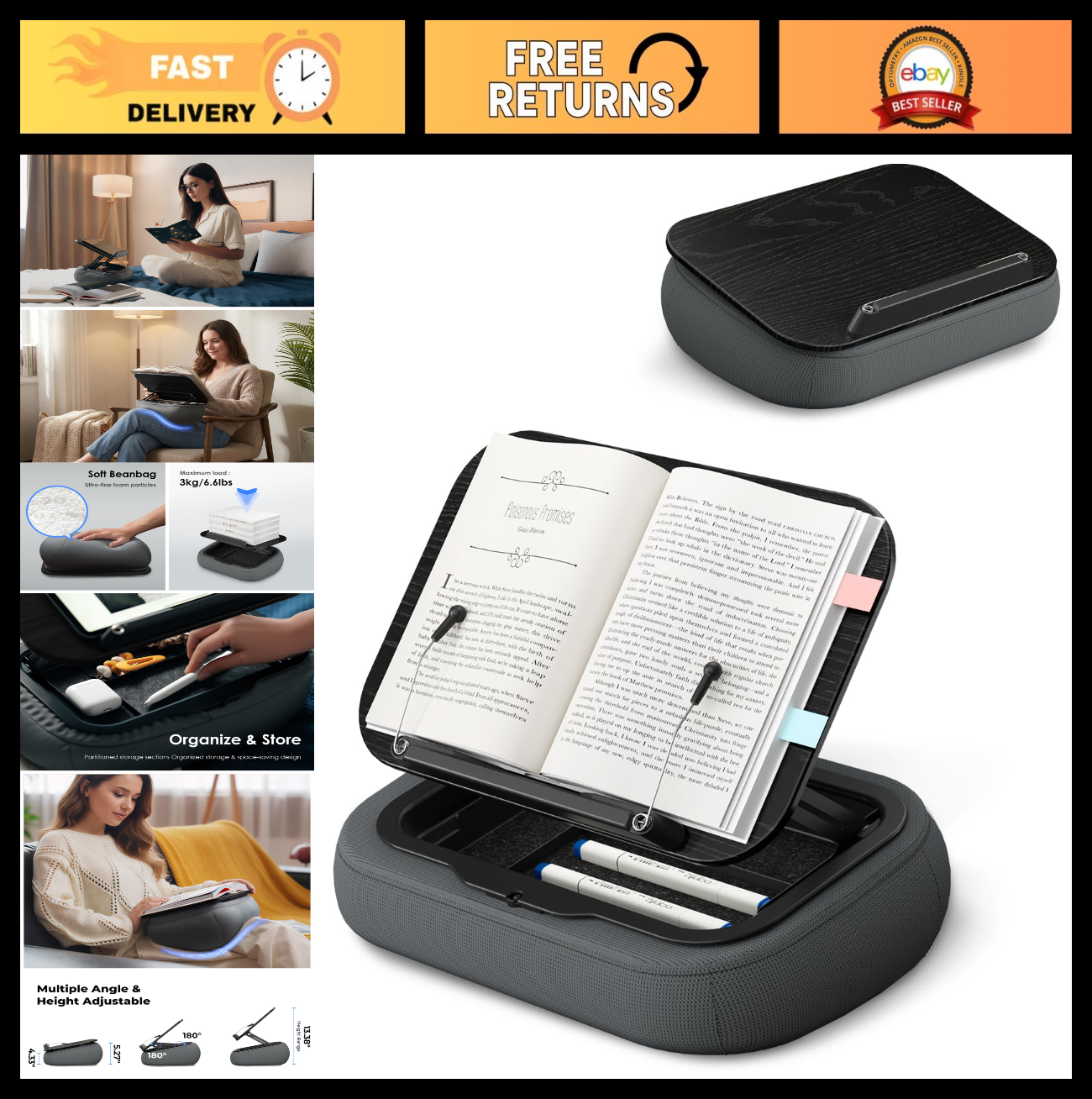Adjustable Lap Book Pillow Stand with Storage, Multi-Angle Reading Cushion for B0